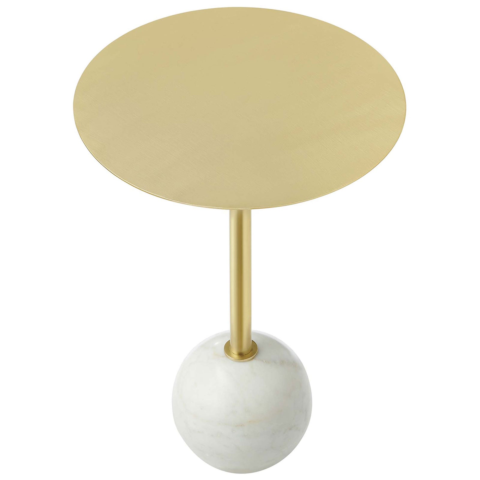 Brushed brass round tabletop offers a sleek surface for drinks, decor, and everyday living || EEI-6606-WHI-BRA || top_studio