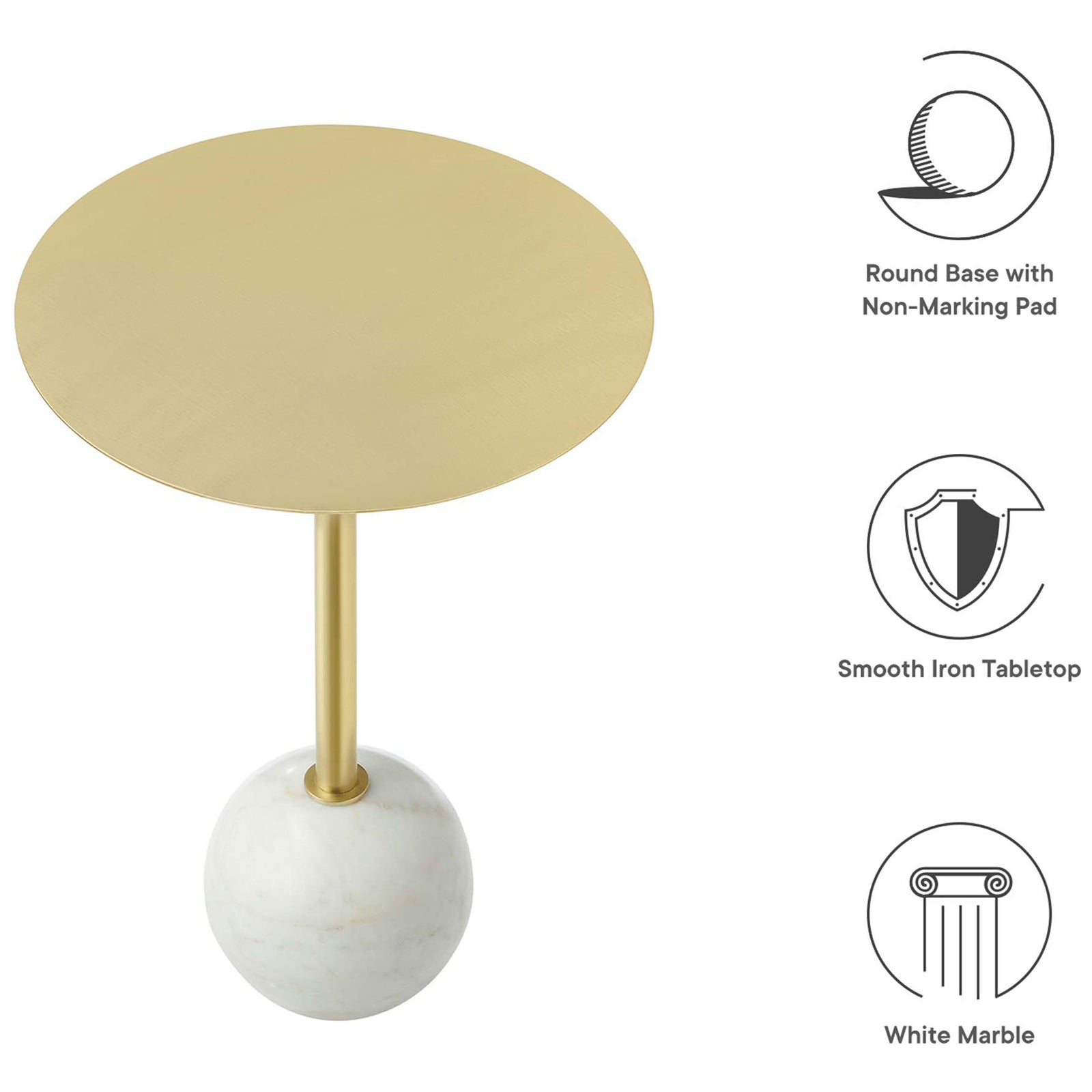 Aliza side table highlights its smooth iron top, white marble base, and non-marking floor protection || EEI-6606-WHI-BRA || callout_studio