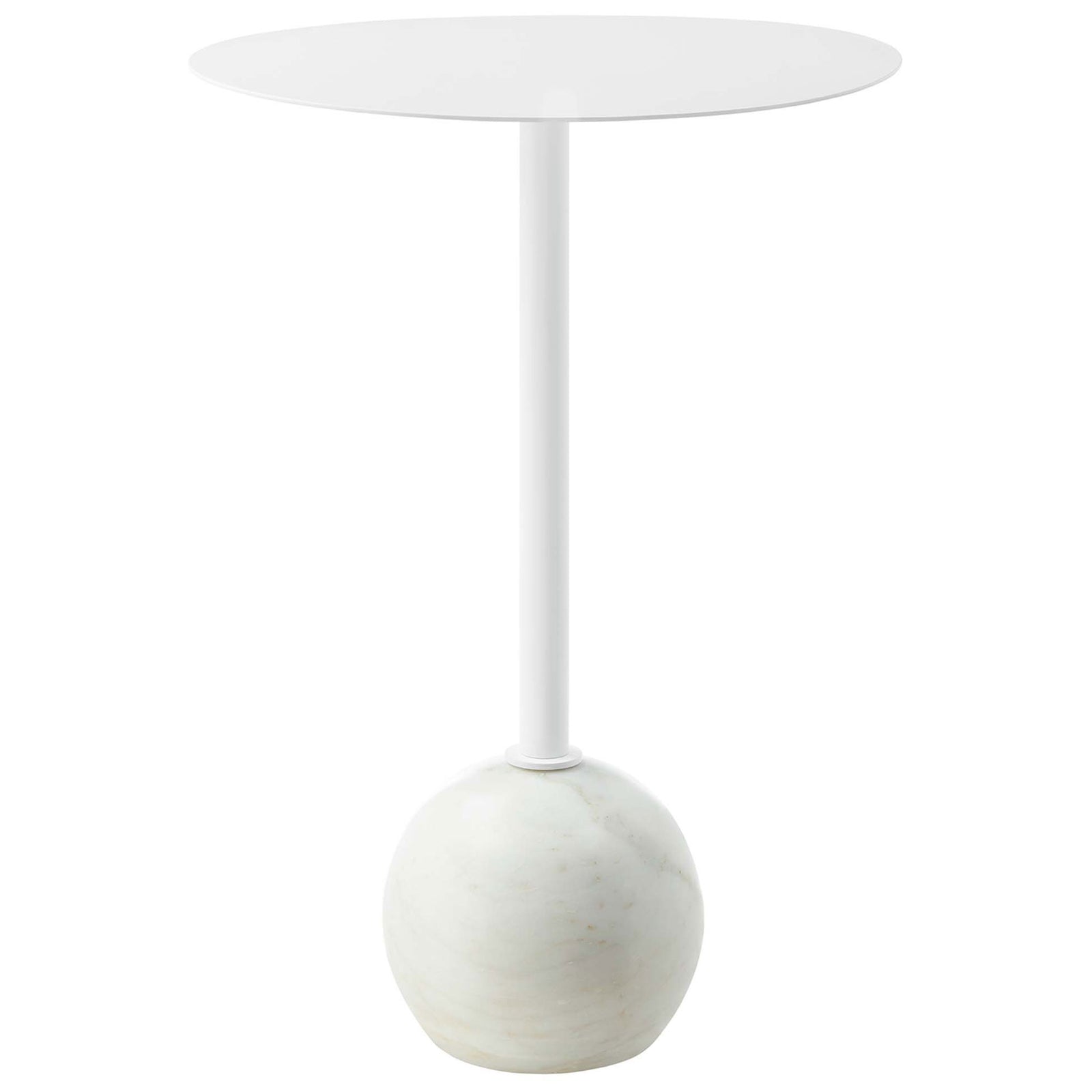 Sleek round white side table with slim pedestal and sculpted marble base || EEI-6606-WHI-WHI || front_studio