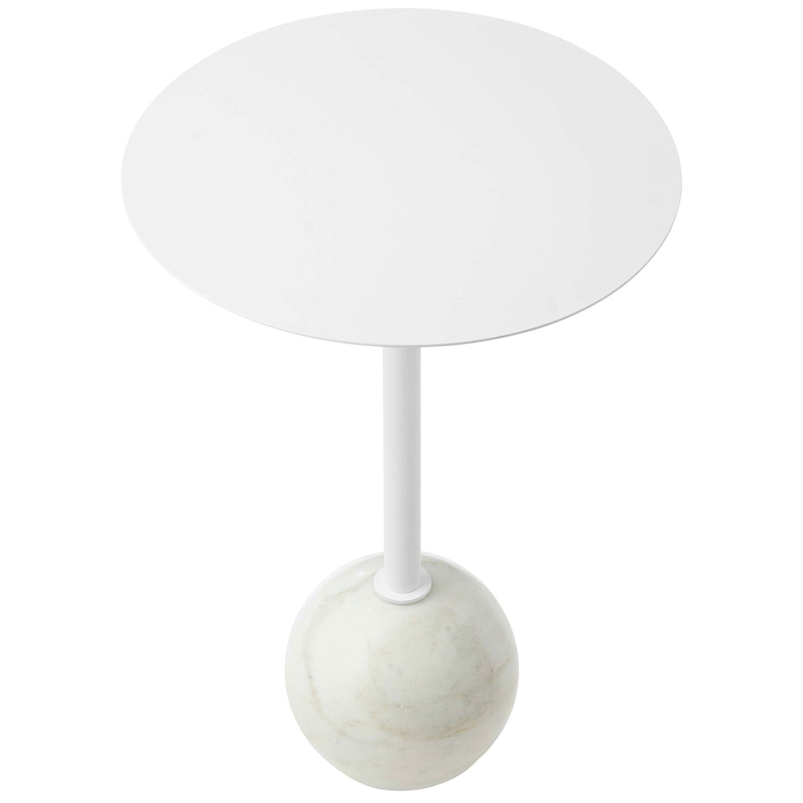 Compact white side table with circular top and marble ball base for modern living spaces || EEI-6606-WHI-WHI || top_studio
