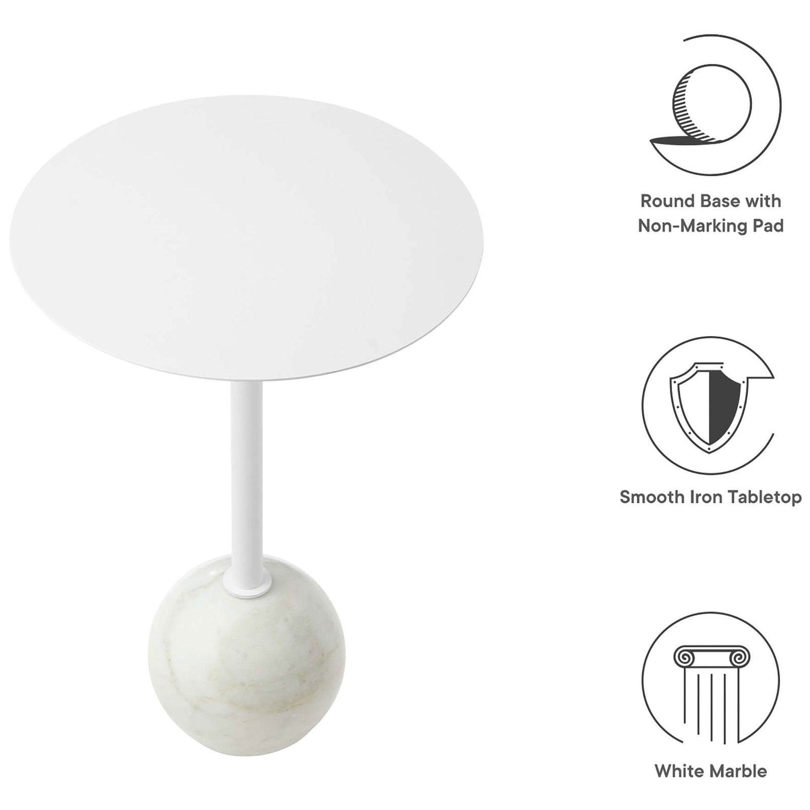 Feature highlights of the white side table including iron tabletop, marble base, and non-marking pad || EEI-6606-WHI-WHI || callout_studio