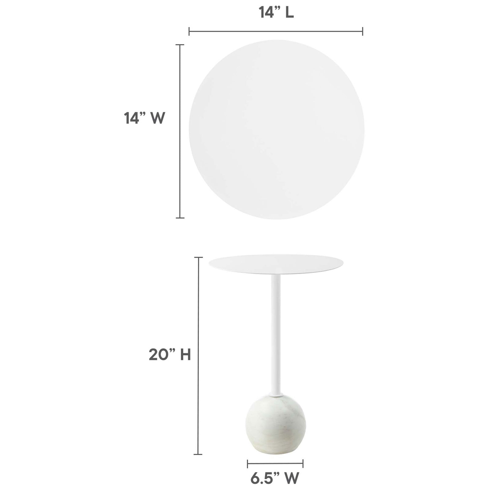 Dimensions of the round white side table with 14 inch top, 20 inch height, and compact marble base || EEI-6606-WHI-WHI || dimension_studio