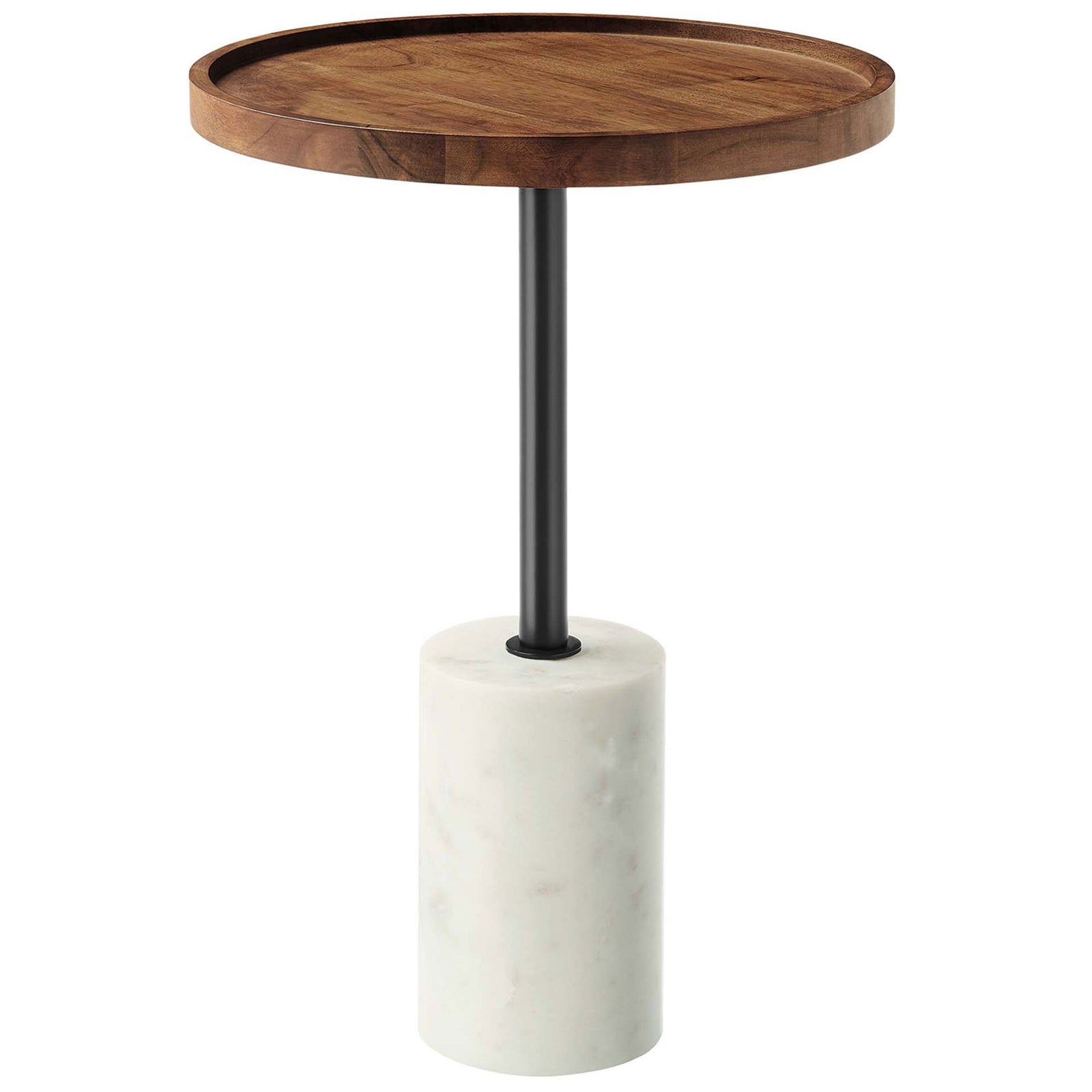 Round acacia side table with tray-style top, slim black rod, and white marble cylinder base || EEI-6607-WHI-LOC || front_angle_studio