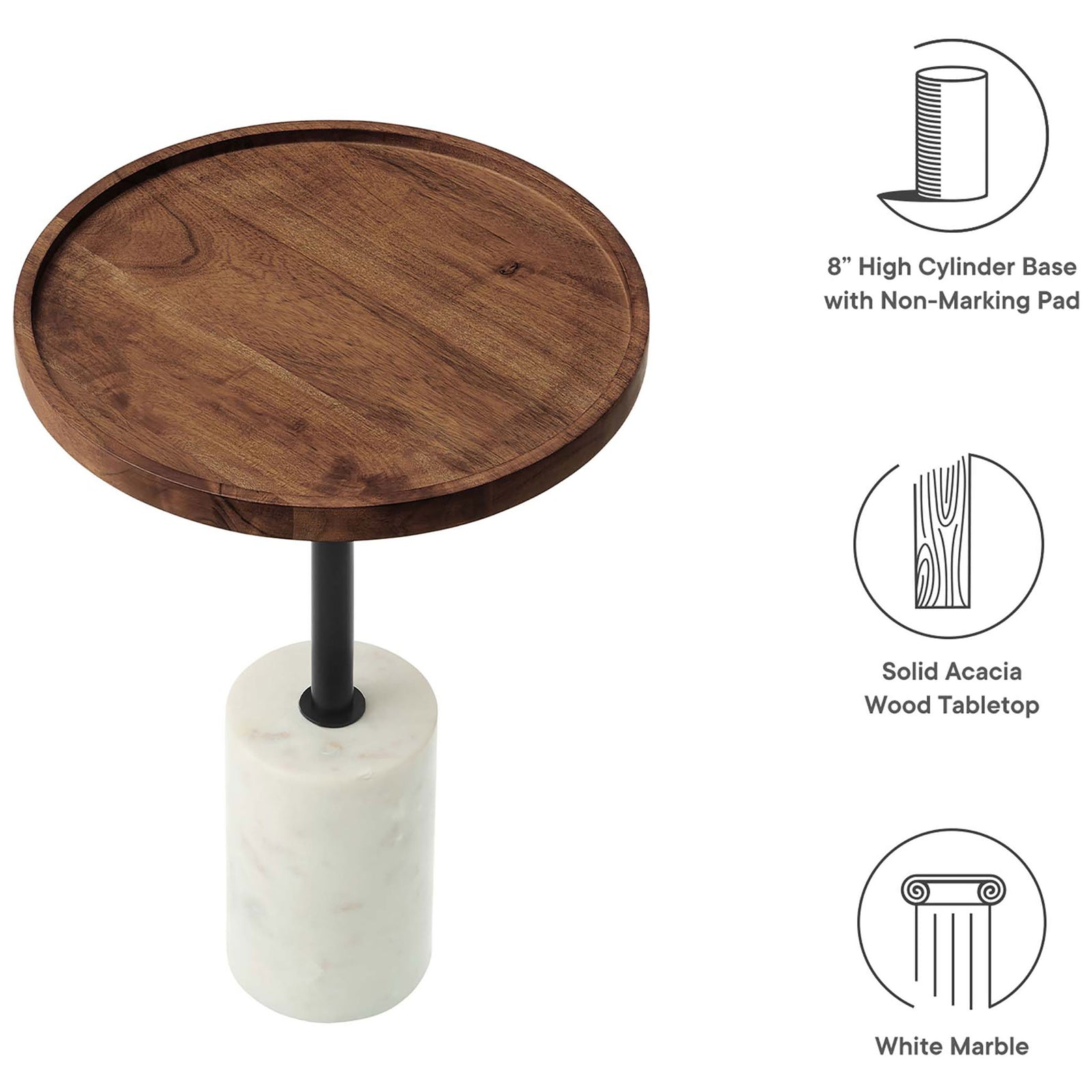 Feature graphic of round acacia side table with marble base, iron rod, and non-marking floor pad || EEI-6607-WHI-LOC || callout_studio