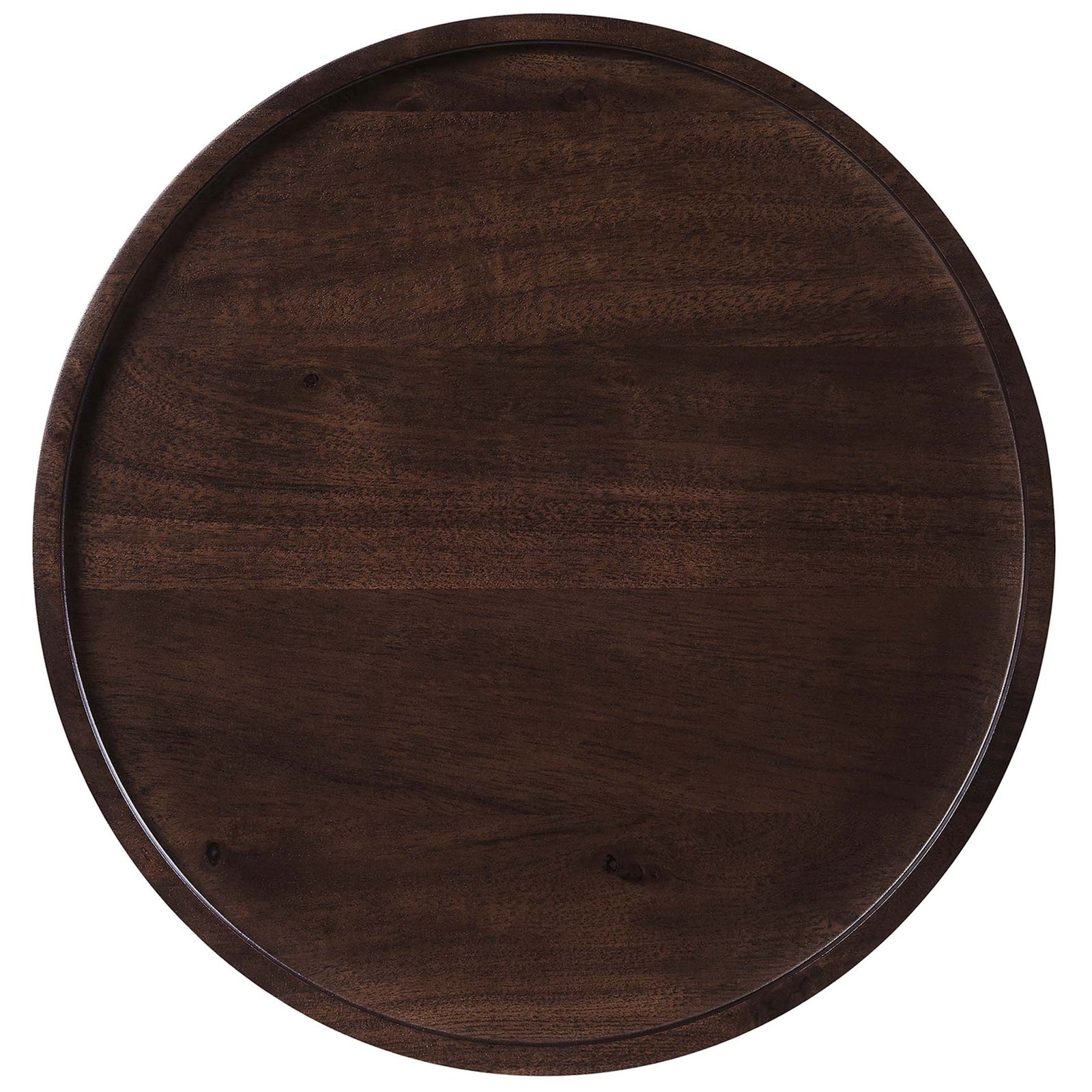 Dark acacia wood tabletop with smooth round profile and raised tray style edge. || EEI-6607-WHI-WAC || detail_studio