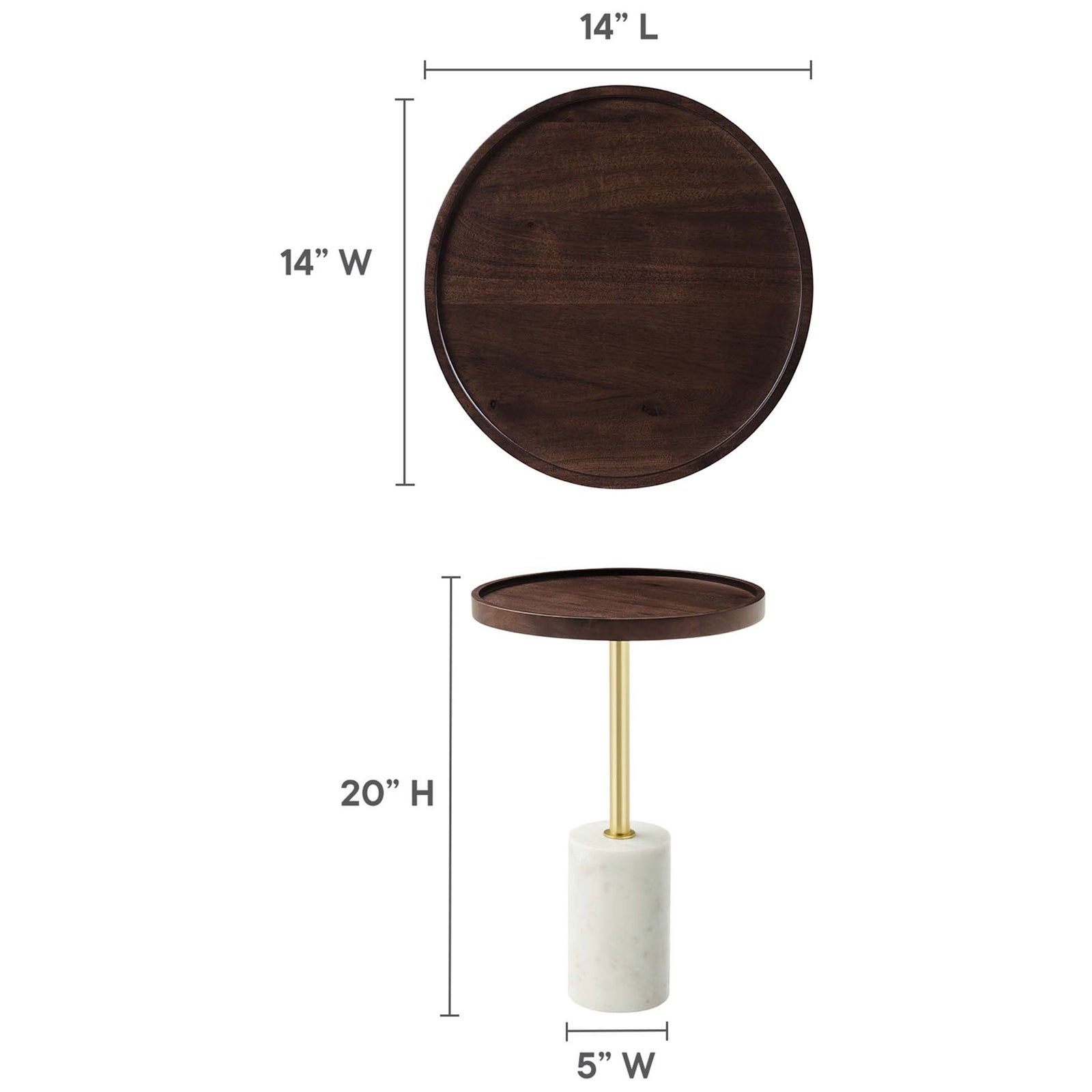 Dimensions of the Amina side table showing 14 inch round top, 20 inch height, and 5 inch base. || EEI-6607-WHI-WAC || dimension_studio