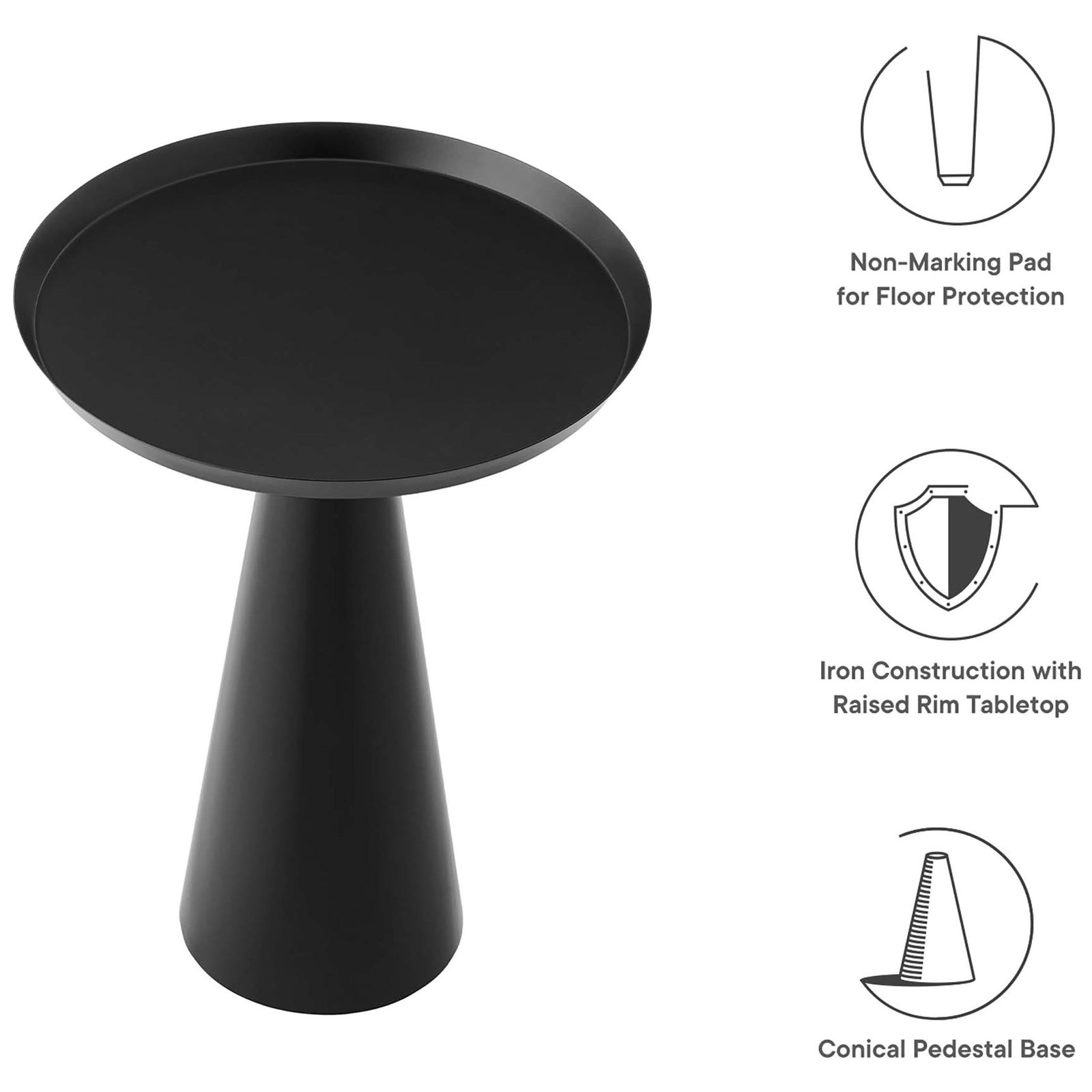 Feature highlights include non-marking floor pad, iron construction, and a conical pedestal base || EEI-6608-BLK || callout_studio