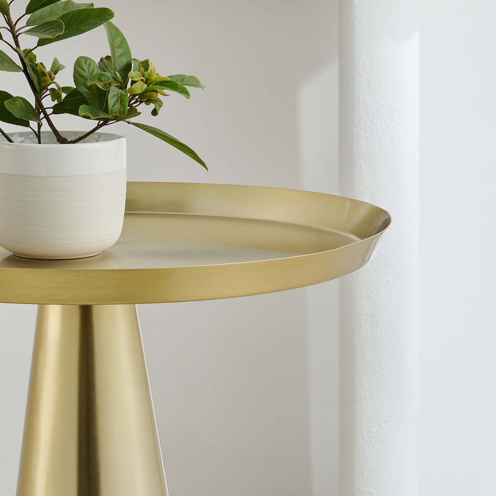 Brass raised rim side table holding a modern planter, adding warm shine beside a bright minimalist wall || EEI-6608-BRA || detail_room