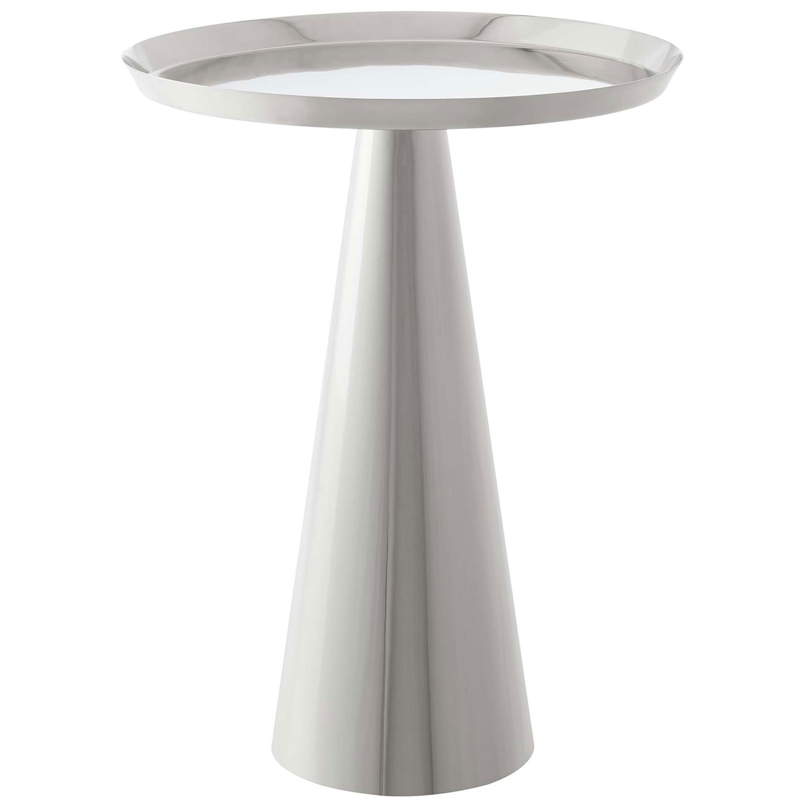 Polished nickel round side table with raised rim and sleek conical pedestal base || EEI-6608-NIC || front_angle_studio