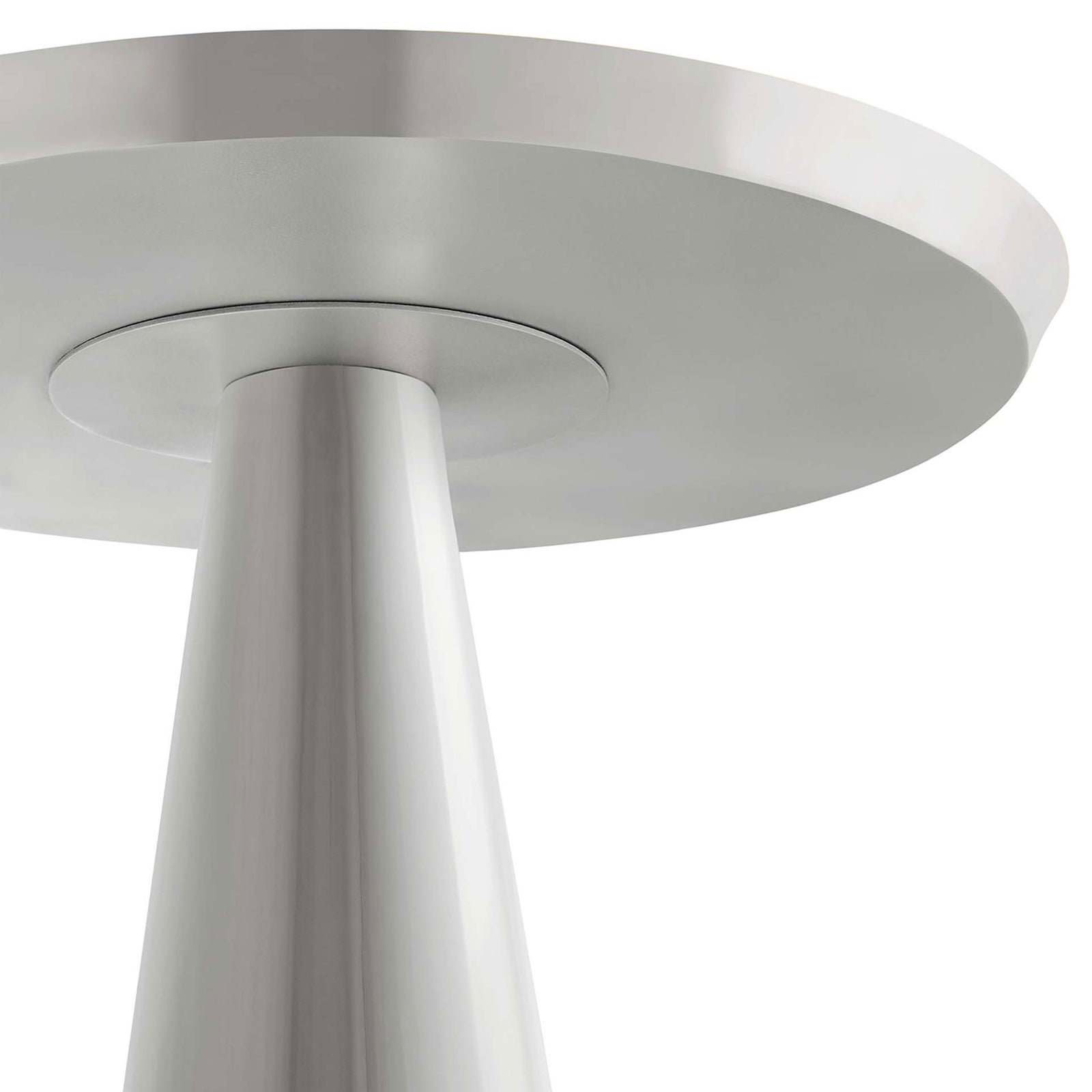 Detail of the underside connection between the round tabletop and sleek conical pedestal base || EEI-6608-NIC || detail_studio