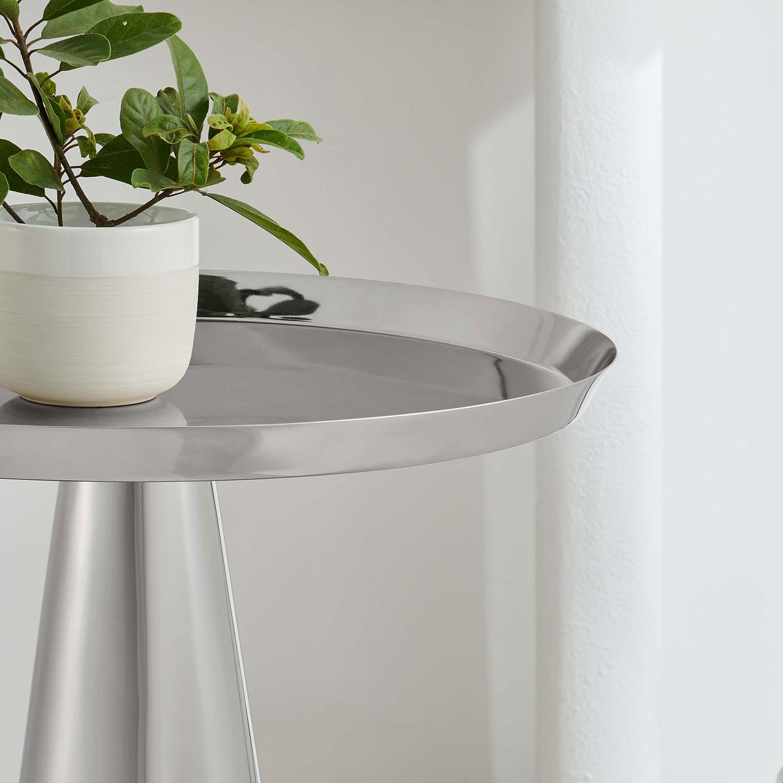 Nickel tray top styled with a potted plant for a chic, reflective accent surface || EEI-6608-NIC || detail_room