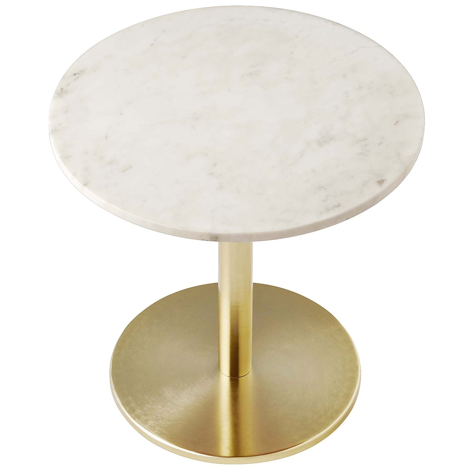 Circular white marble tabletop pairs with a sleek brass pedestal and base for a clean, contemporary side table design || EEI-6609-BRA-WHI || top_angle_studio