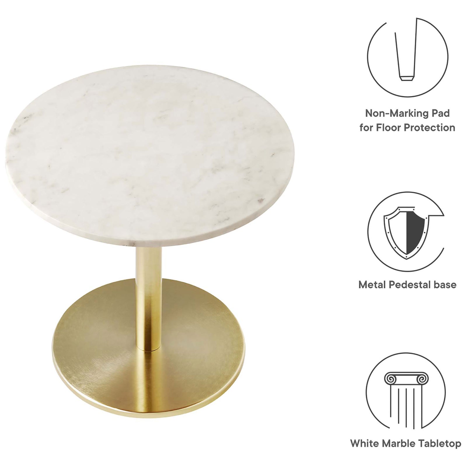 Marble side table highlighted with icons calling out the white top, metal pedestal base, and non-marking floor pad || EEI-6609-BRA-WHI || callout_studio