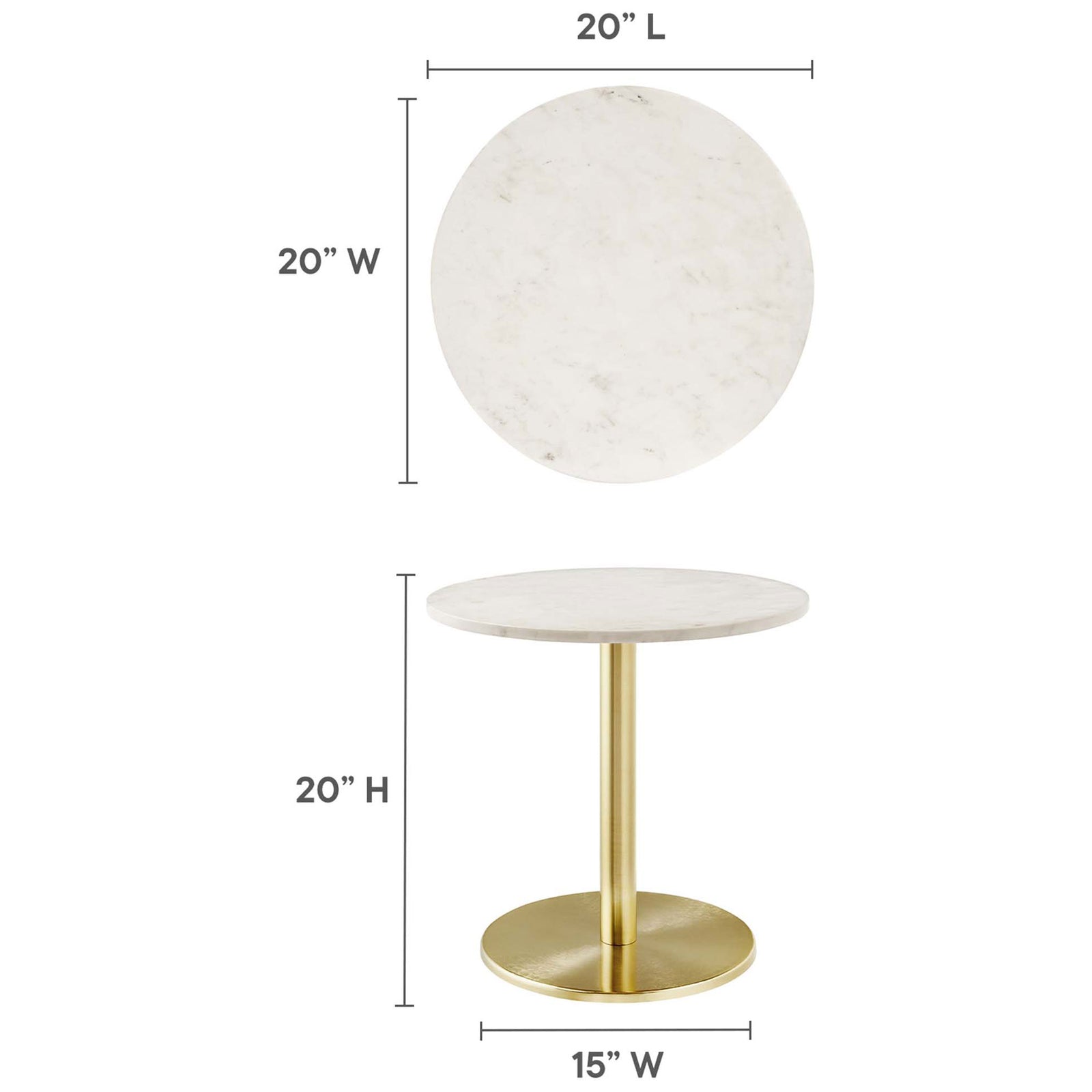 Round side table with measurements for marble top diameter, height, and brass base width for easy planning || EEI-6609-BRA-WHI || dimension_studio