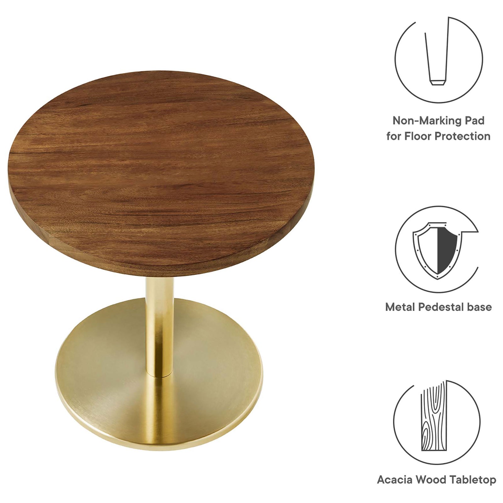 Viva round side table with acacia wood top, brass pedestal base, and non-marking floor pad icons || EEI-6610-BRA-LOC || callout_studio