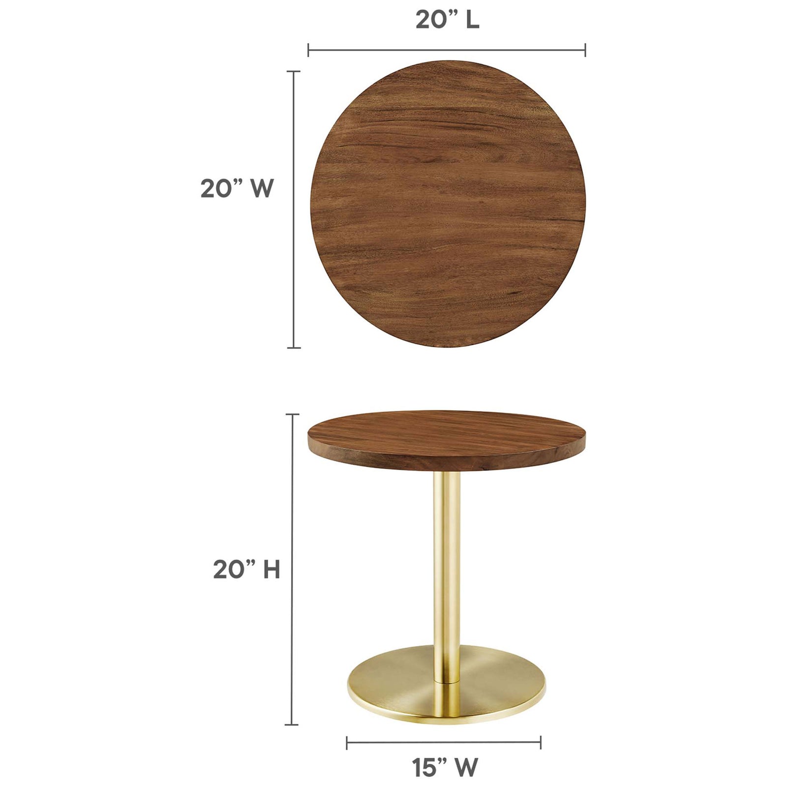 Size guide for Viva round side table showing tabletop diameter, height, and base width measurements || EEI-6610-BRA-LOC || dimension_studio