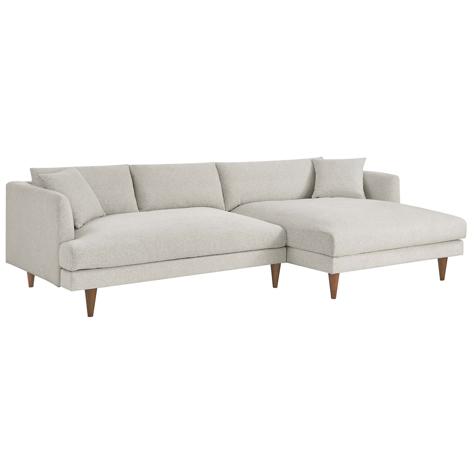 Ivory right-facing sectional sofa with overstuffed cushions and tapered wood legs || EEI-6612-HEI || front_angle_studio