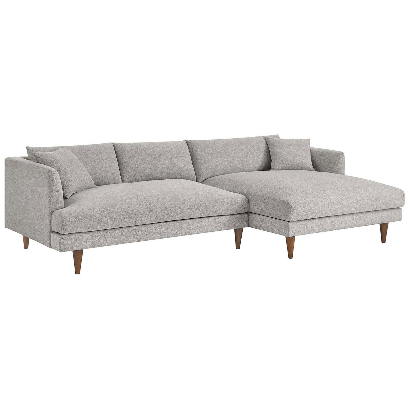 Right-facing heathered light gray sectional with down-filled cushions and tapered wood legs || EEI-6612-HLG || front_angle_studio