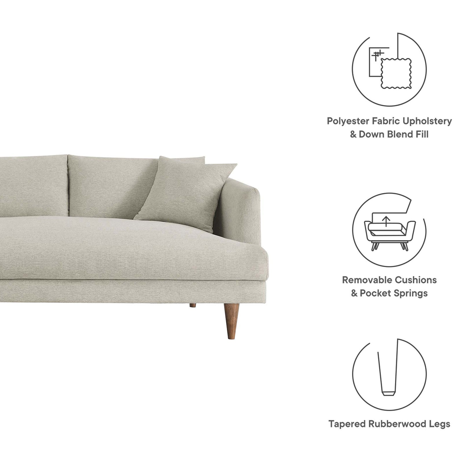 Ivory sectional detail highlighting down-blend cushions, removable covers, and tapered rubberwood legs || EEI-6613-HEI || callout_studio