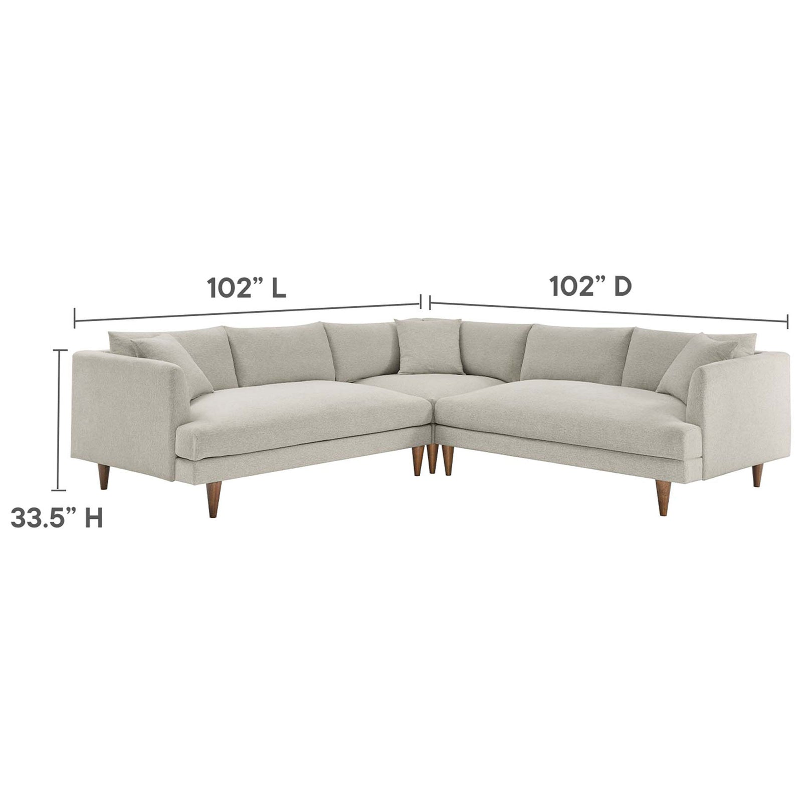Dimensions of the ivory sectional sofa showing 102 inch by 102 inch footprint and 33.5 inch height || EEI-6613-HEI || dimension_studio