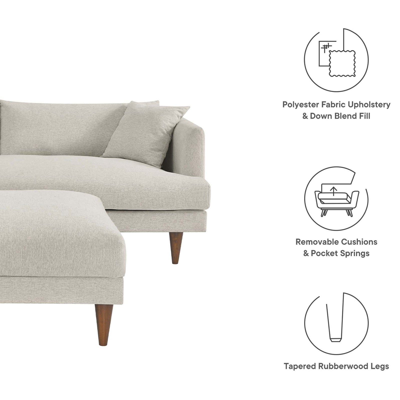 Features soft polyester upholstery, down blend fill, removable cushions, and tapered rubberwood legs || EEI-6614-HEI || callout_studio