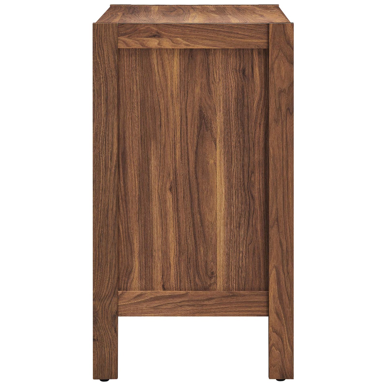Side profile of compact Capri cabinet showcasing rich walnut grain and simple modern lines || EEI-6615-WAL || side_studio