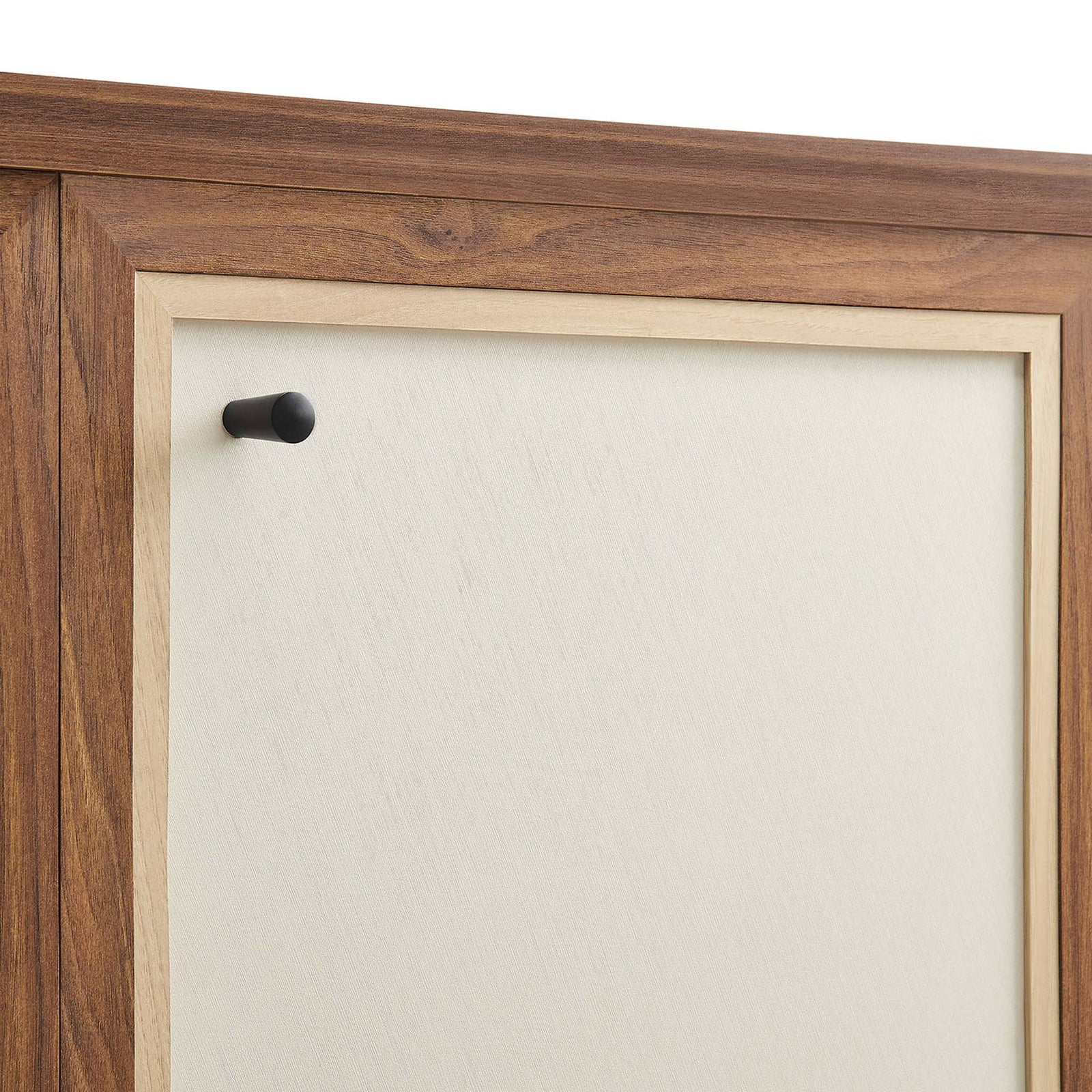Close-up of the cream linen-textured door panel framed by warm walnut wood grain. || EEI-6616-WAL || swatch_studio