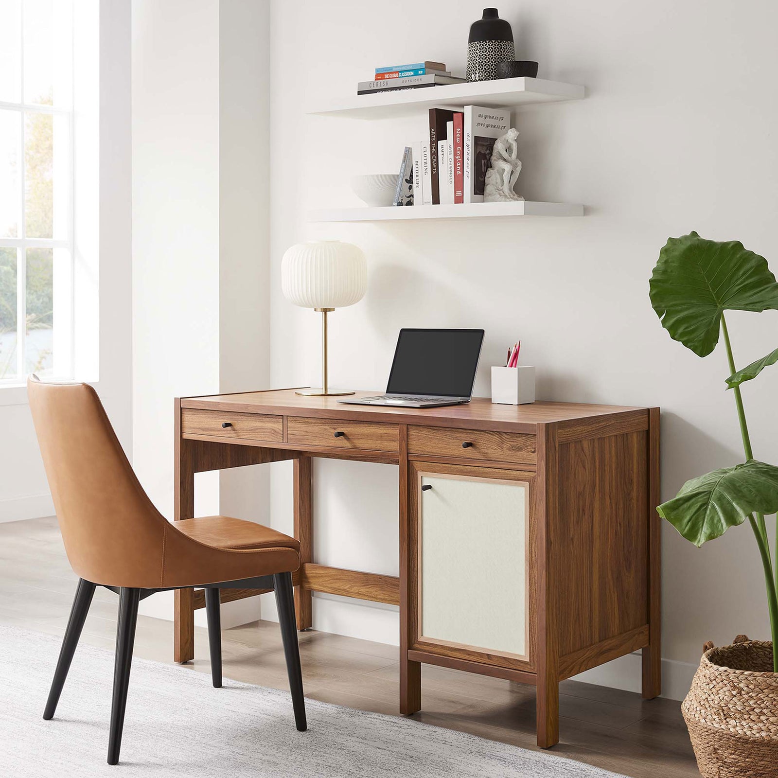 Walnut desk anchors a bright workspace with ample storage and a clean, modern silhouette. || EEI-6617-WAL || front_angle_room