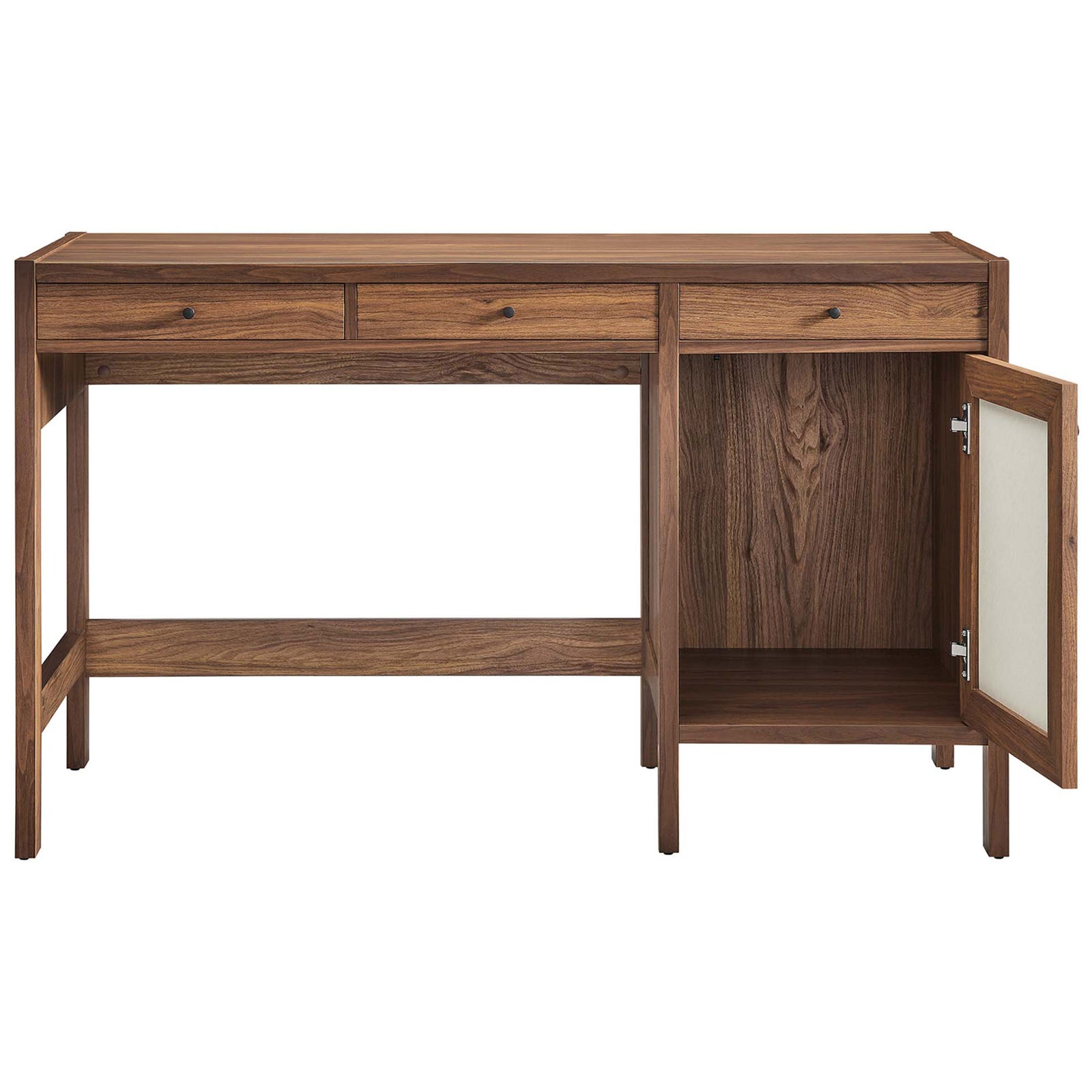 Right cabinet opens to generous storage, framed by walnut grain and a linen-textured door. || EEI-6617-WAL || front_open_studio