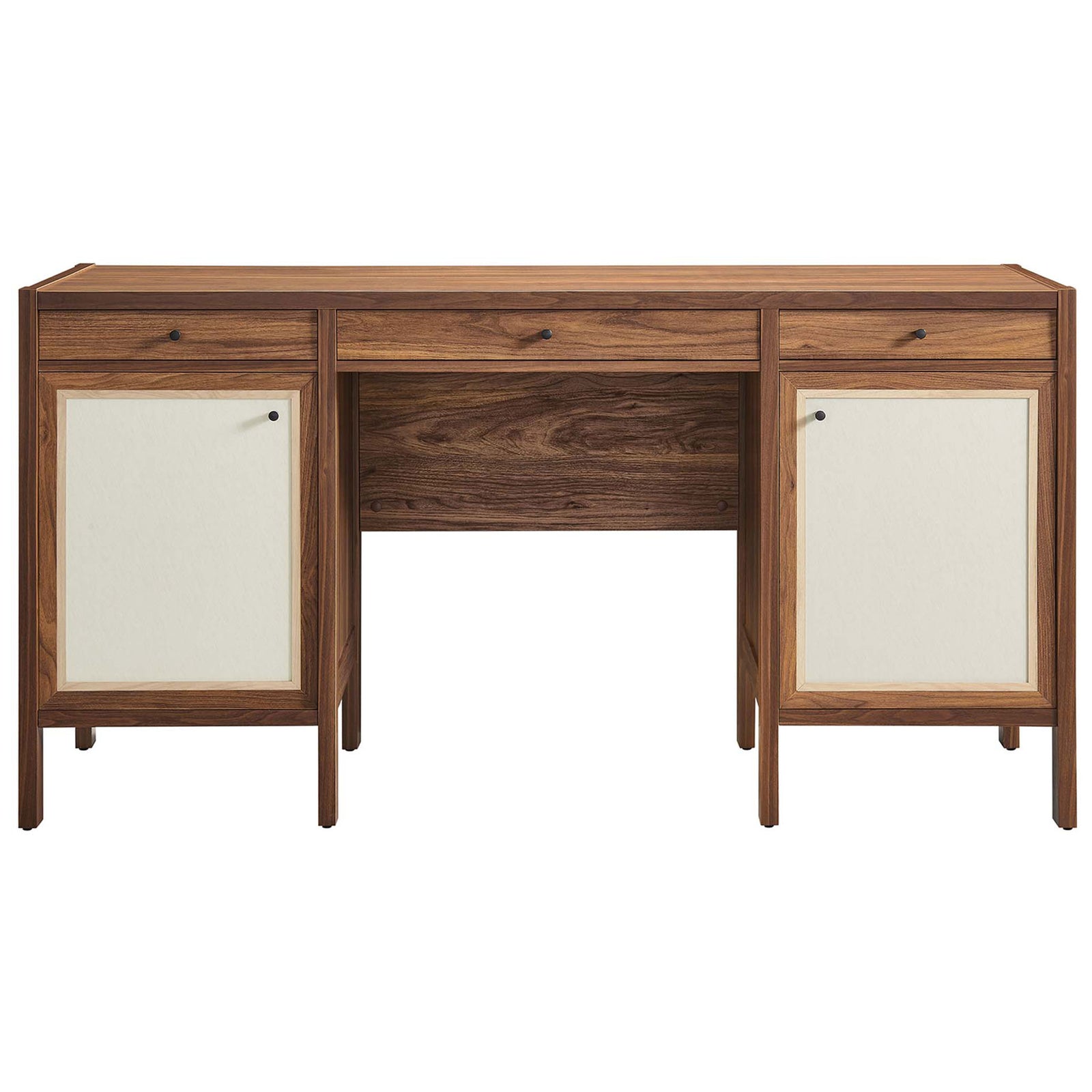 Spacious 58-inch desk with two cabinet doors and three drawers in warm walnut finish || EEI-6618-WAL || front_studio