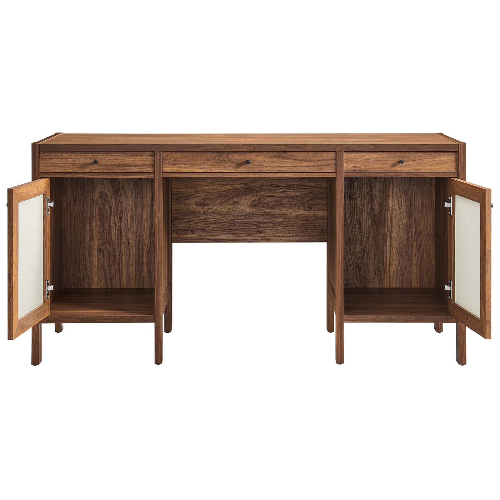 Dual cabinets open to reveal generous storage, blending warm walnut with crisp linen panels || EEI-6618-WAL || front_open_studio