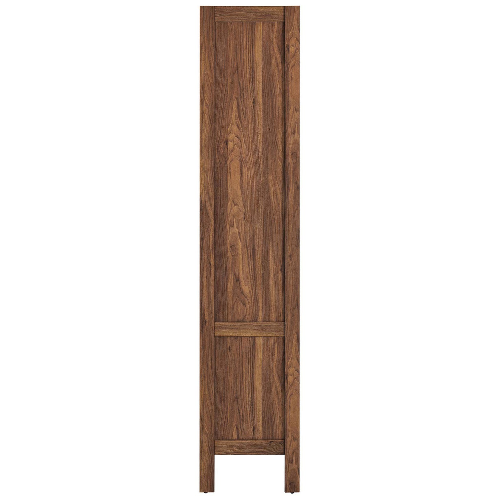 Slim profile walnut bookcase with clean lines and wood grain detail along the frame || EEI-6619-WAL || side_studio