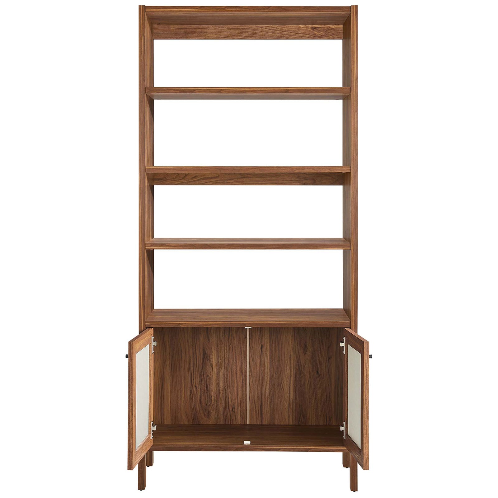 Roomy walnut cabinet opens to reveal concealed storage beneath four sturdy display shelves || EEI-6619-WAL || front_open_studio