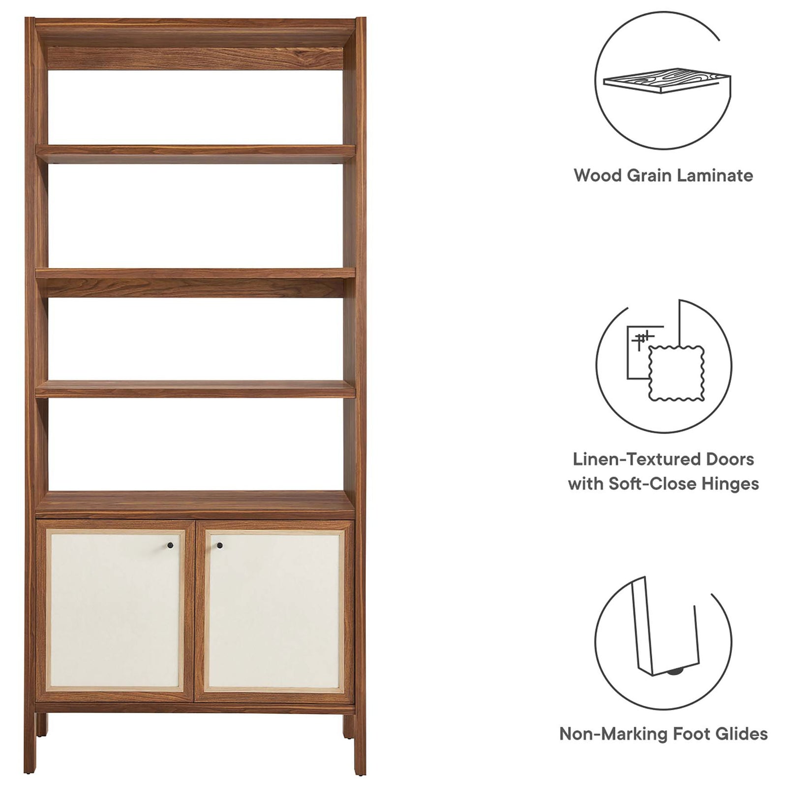 Durable wood grain laminate, linen-textured soft-close doors, and non-marking glides elevate everyday storage || EEI-6619-WAL || callout_studio