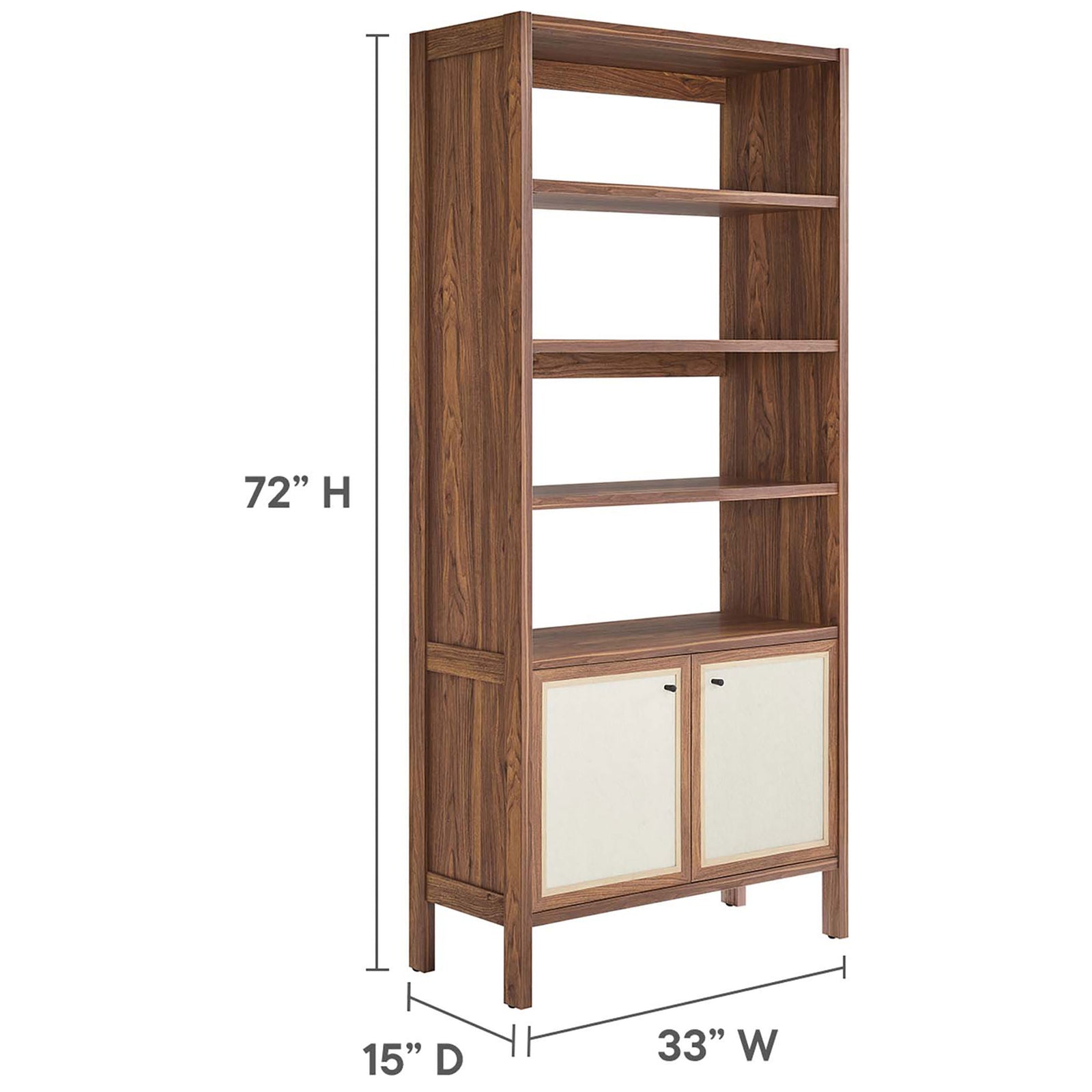 Space-savvy bookcase stands 72 inches tall with a 33 inch width and a 15 inch depth || EEI-6619-WAL || dimension_studio