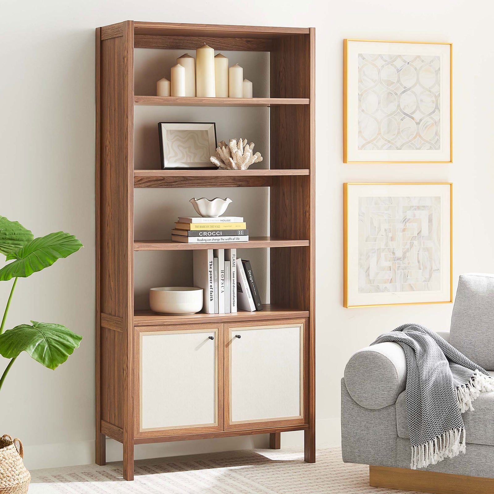 Warm walnut finish and styled shelving bring modern organic charm to living spaces || EEI-6619-WAL || front_angle_room