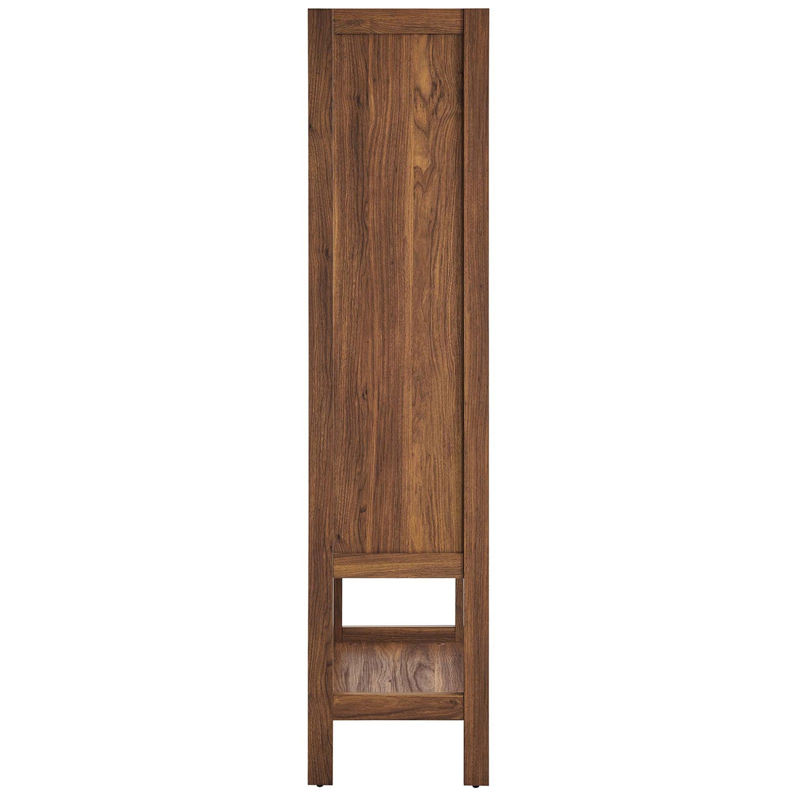Side profile of walnut Capri cabinet highlighting wood grain panels and elevated open base || EEI-6620-WAL || side_studio