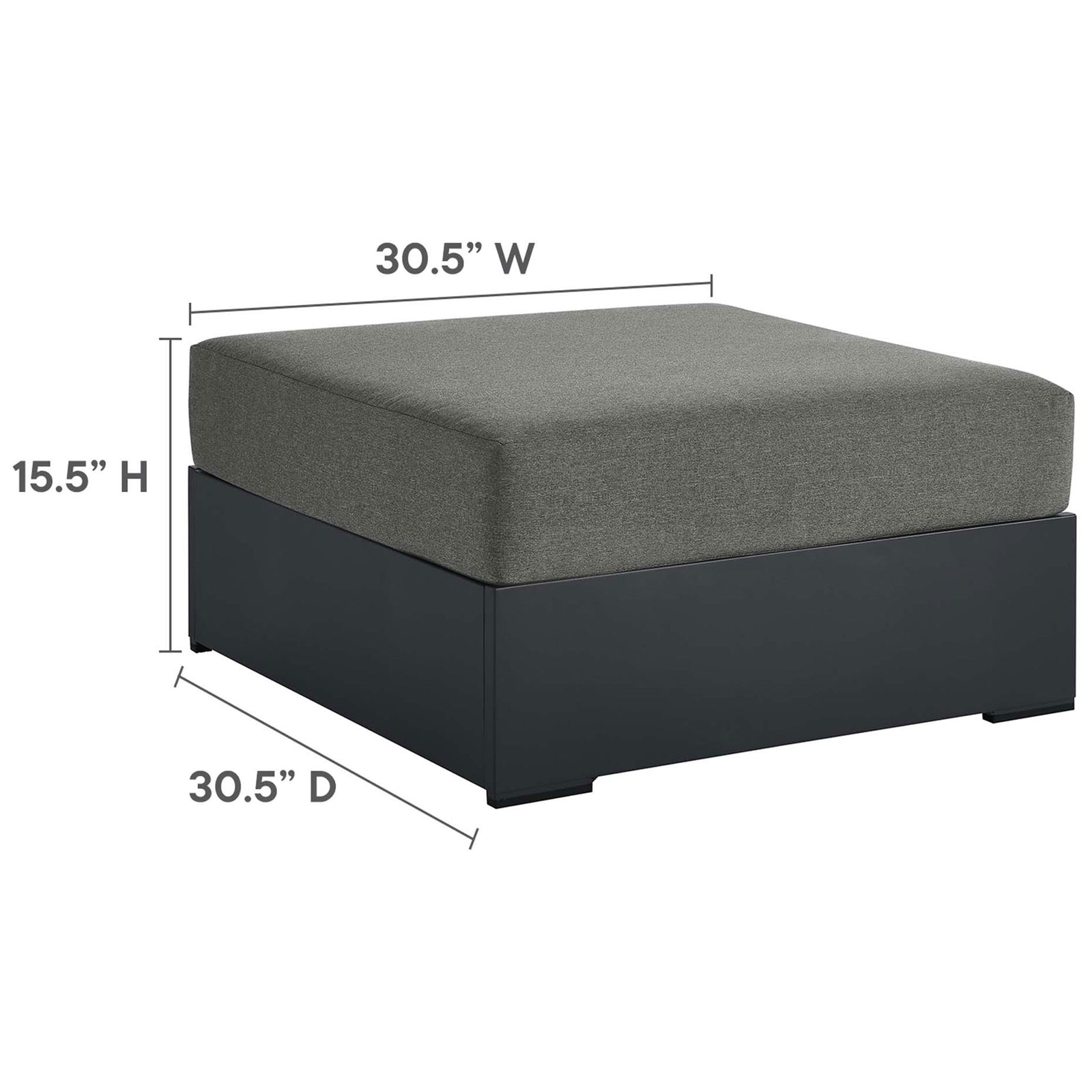 Dimension chart for Tahoe charcoal ottoman indicating overall width, depth, and height || EEI-6627-GRY-CHA || dimension_studio