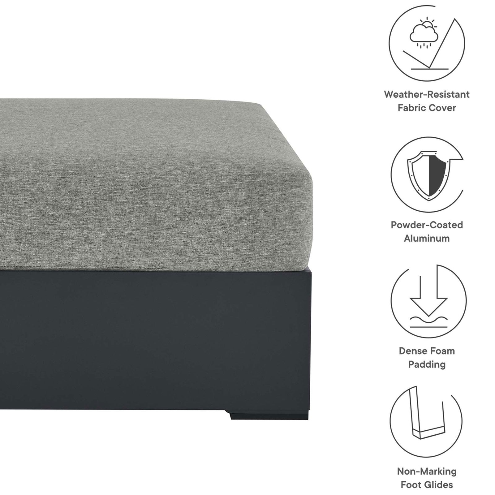 Info graphic calls out weather-resistant fabric, powder-coated frame, dense foam, and protective glides || EEI-6627-GRY-GRY || callout_studio