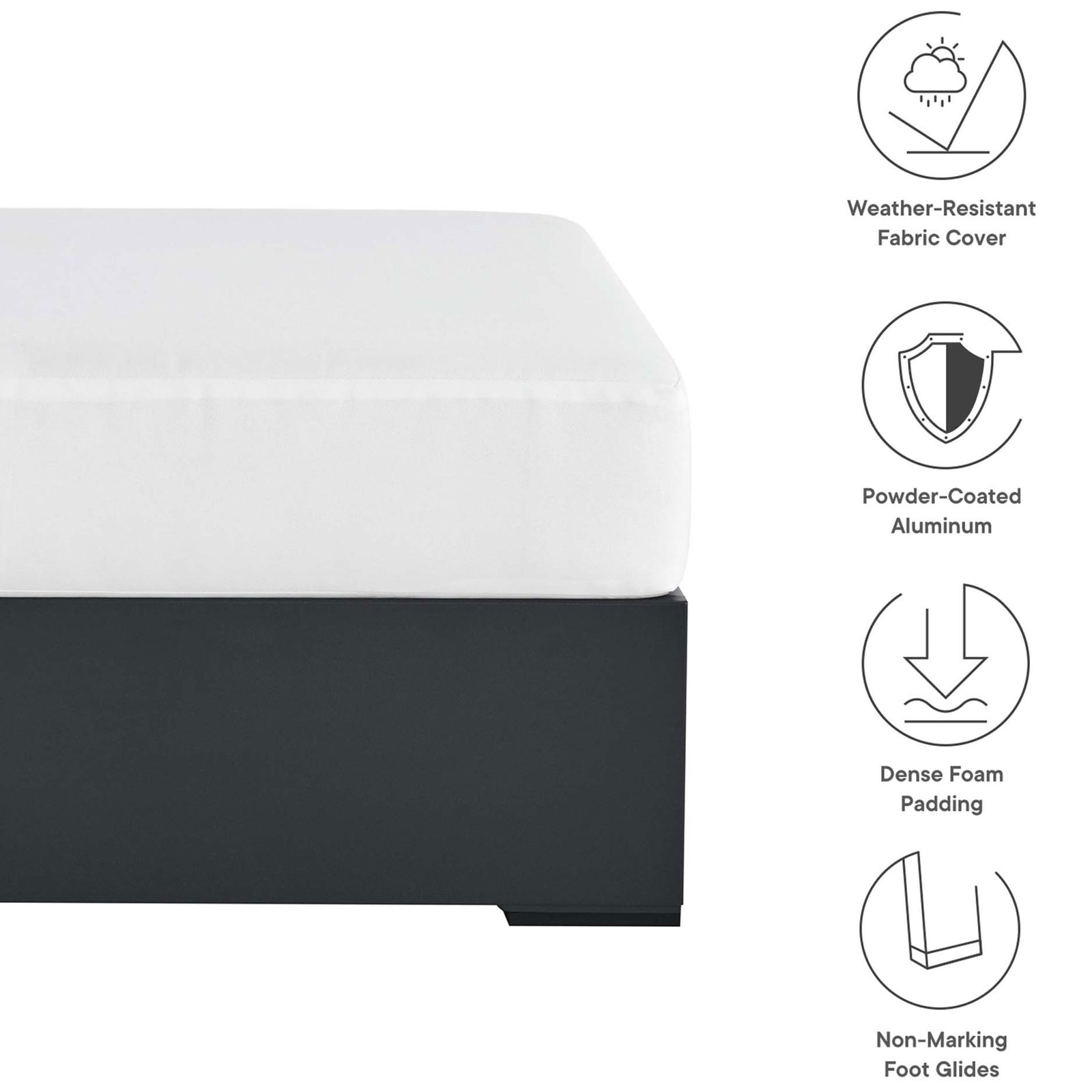 Feature layout spotlighting weather-resistant cover, powder-coated aluminum, foam padding, and floor-safe glides || EEI-6627-GRY-WHI || callout_studio