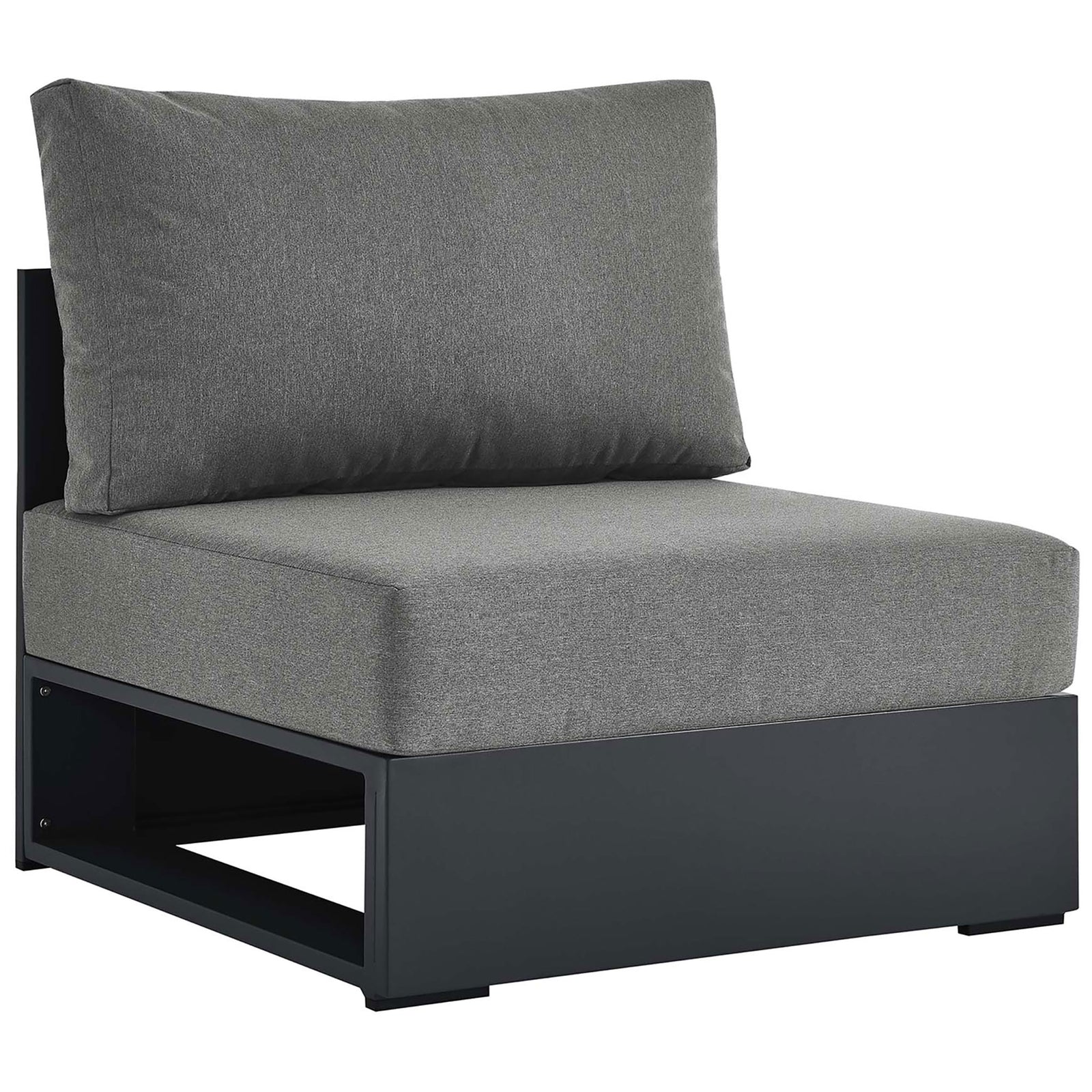Charcoal gray outdoor armless chair with plush cushions and powder coated aluminum base for modern patio comfort || EEI-6628-GRY-CHA || front_angle_studio