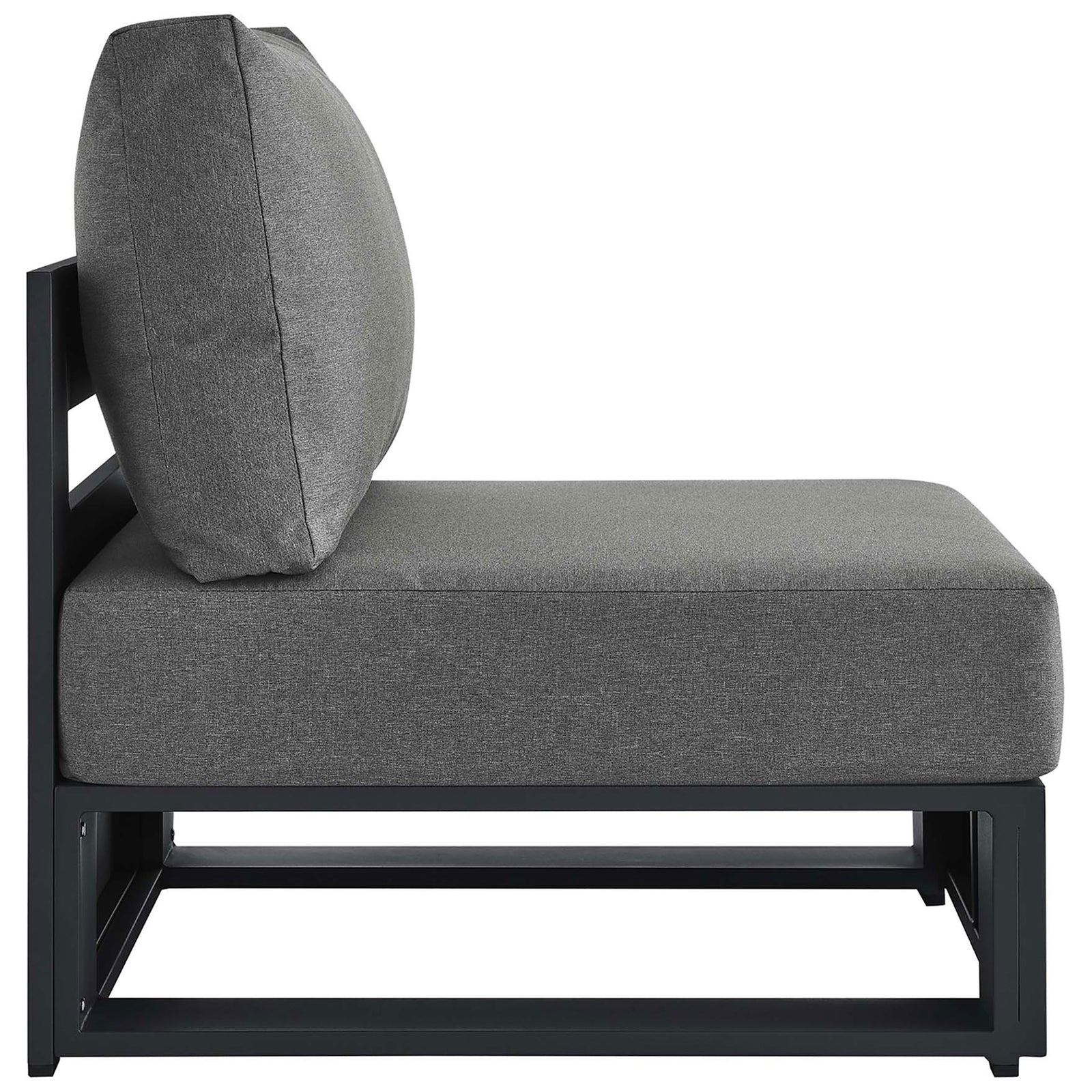 Tahoe armless chair with deep charcoal seat cushion and open powder coated aluminum base for relaxed lounging || EEI-6628-GRY-CHA || side_studio