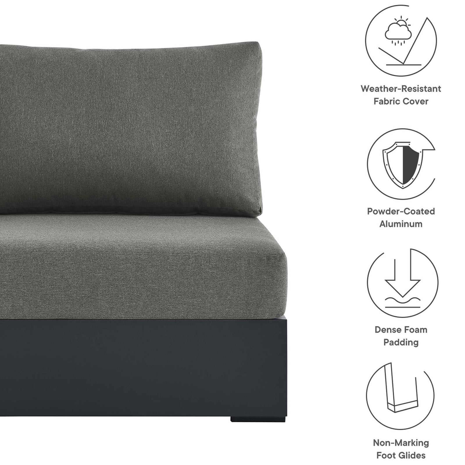 Tahoe armless chair with icons highlighting weather resistant fabric, powder coated aluminum, and dense foam padding || EEI-6628-GRY-CHA || callout_studio