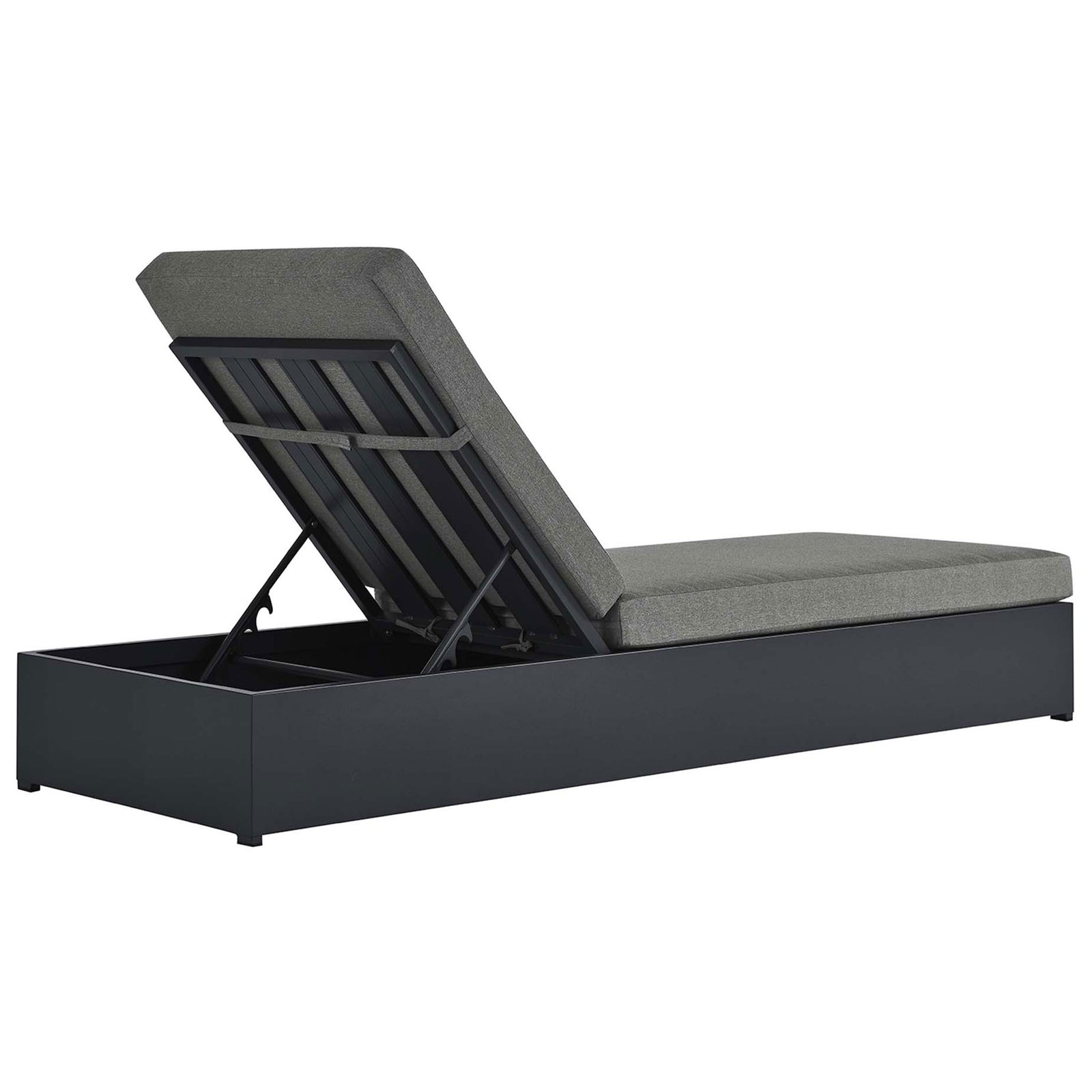 Charcoal patio chaise highlighting the slatted reclining back support and hidden adjustment hardware || EEI-6634-GRY-CHA || back_angle_studio