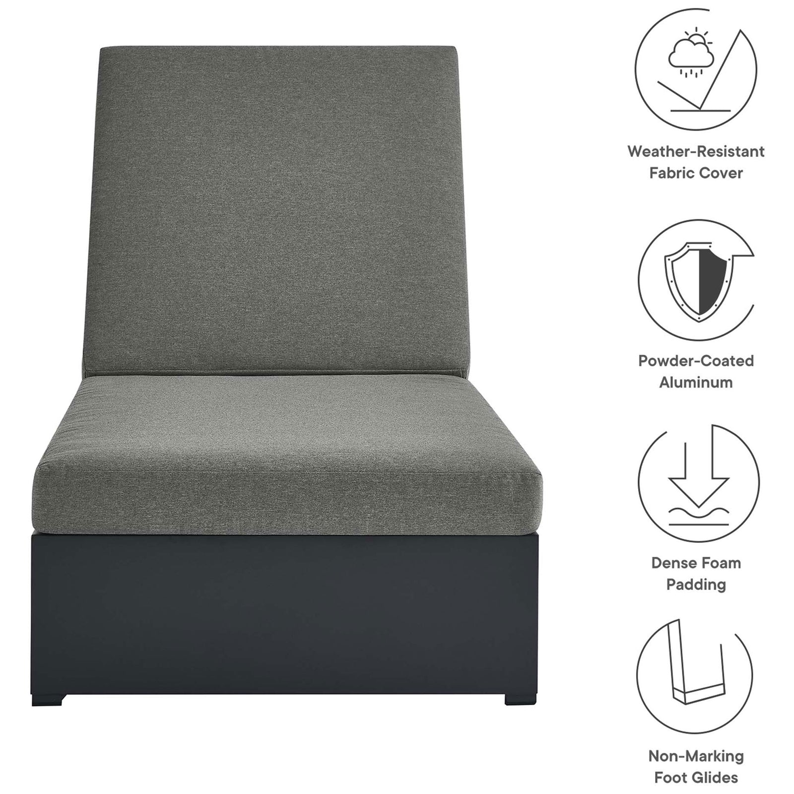 Charcoal chaise lounge features weather-resistant fabric, powder-coated aluminum, and dense foam padding || EEI-6634-GRY-CHA || callout_studio