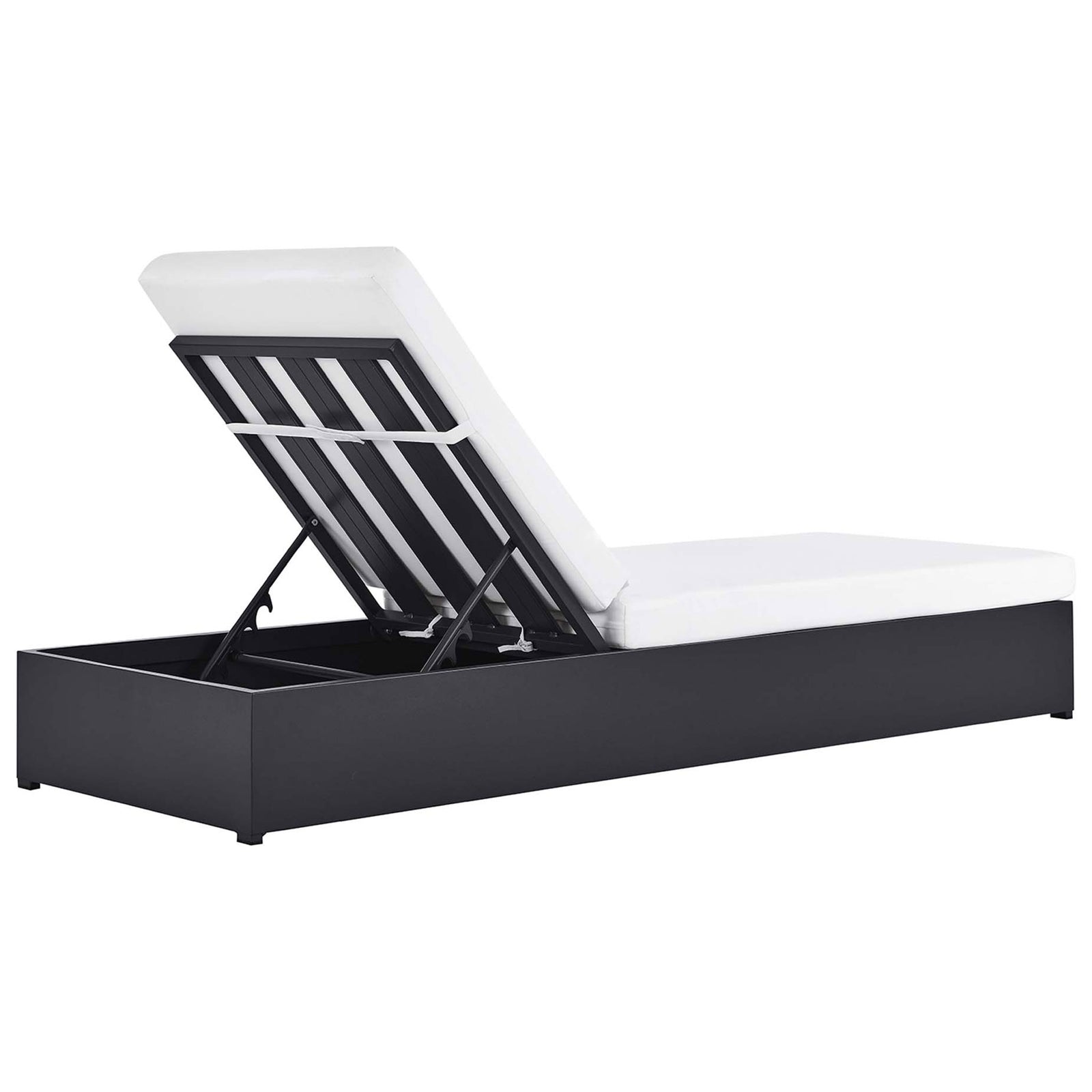 White patio chaise showing the slatted reclining back and supportive powder-coated structure || EEI-6634-GRY-WHI || back_angle_studio