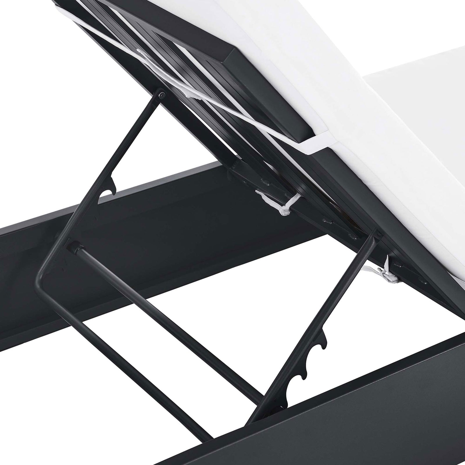 Reclining support mechanism beneath the white cushion with durable metal brackets and slots || EEI-6634-GRY-WHI || detail_studio