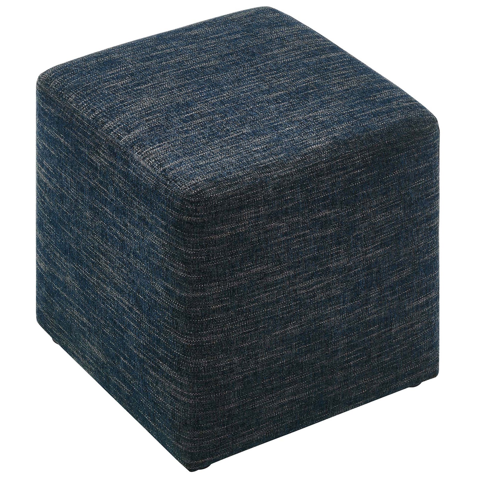 Compact woven fabric ottoman with a softly padded top, ideal for extra seating or a small side table || EEI-6636-HEA || top_angle_studio