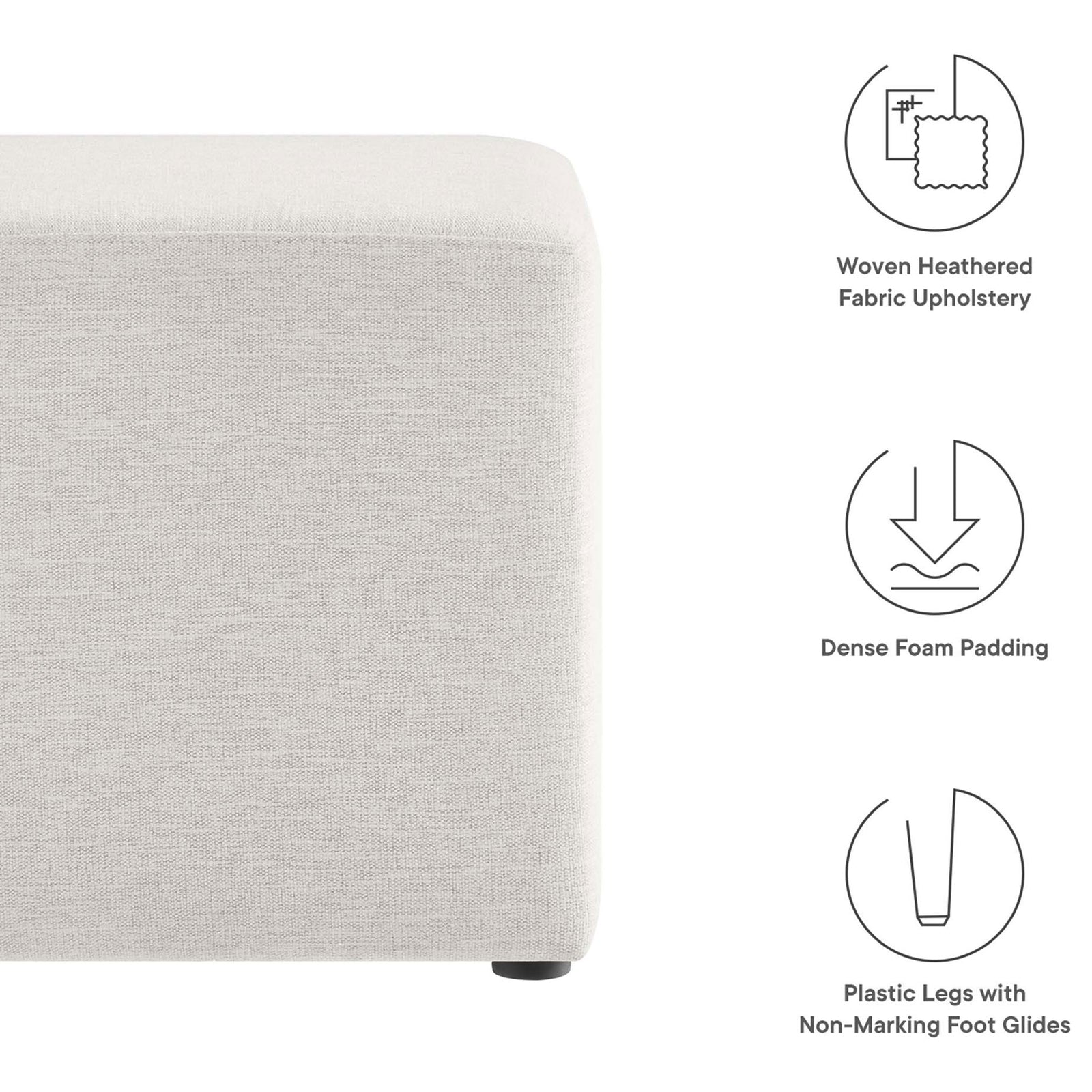 Side view of ottoman with icons highlighting woven fabric, dense foam padding, and protective plastic feet. || EEI-6636-HEI || callout_studio