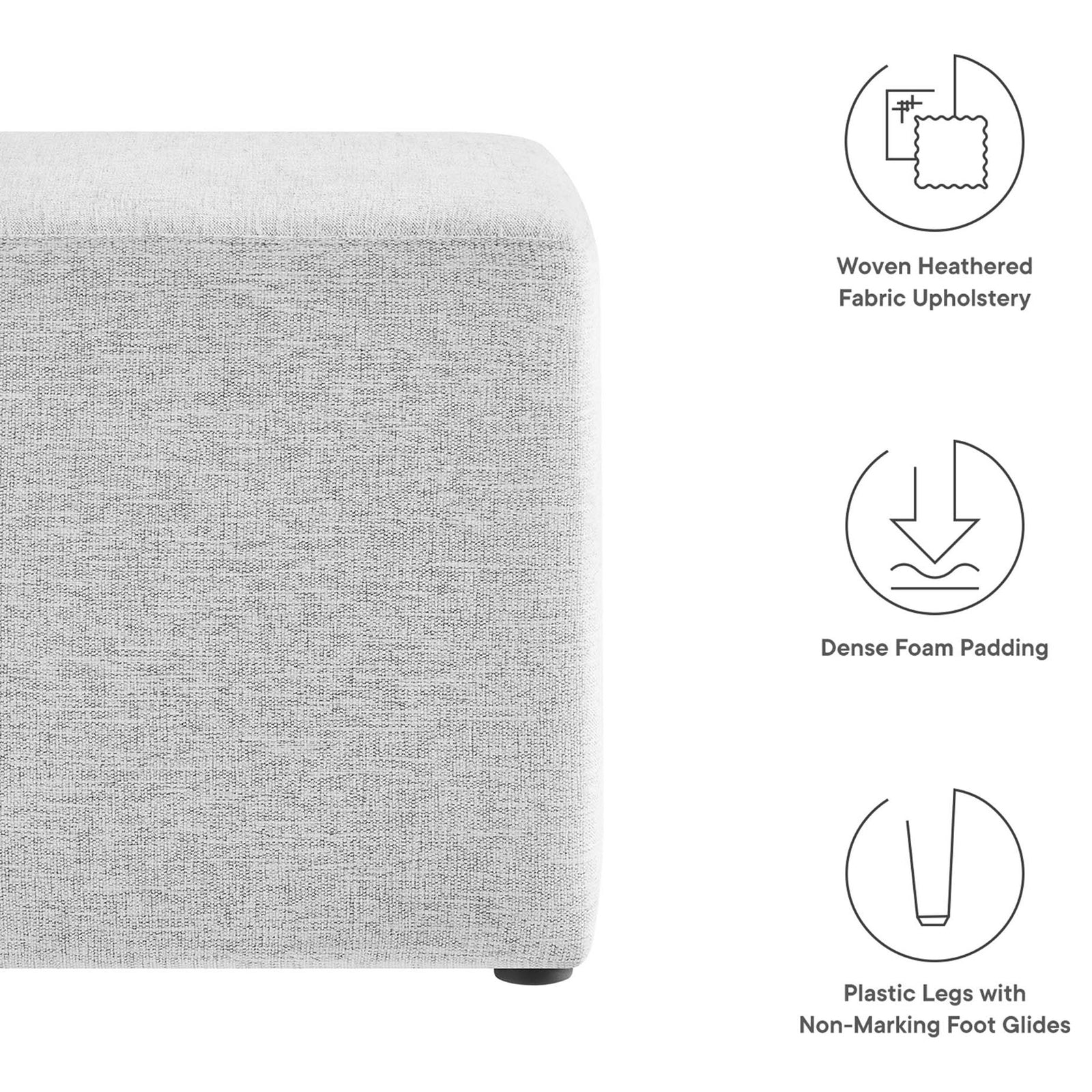 Key ottoman features including heathered fabric, dense foam padding, and non-marking plastic feet || EEI-6636-HLG || callout_studio